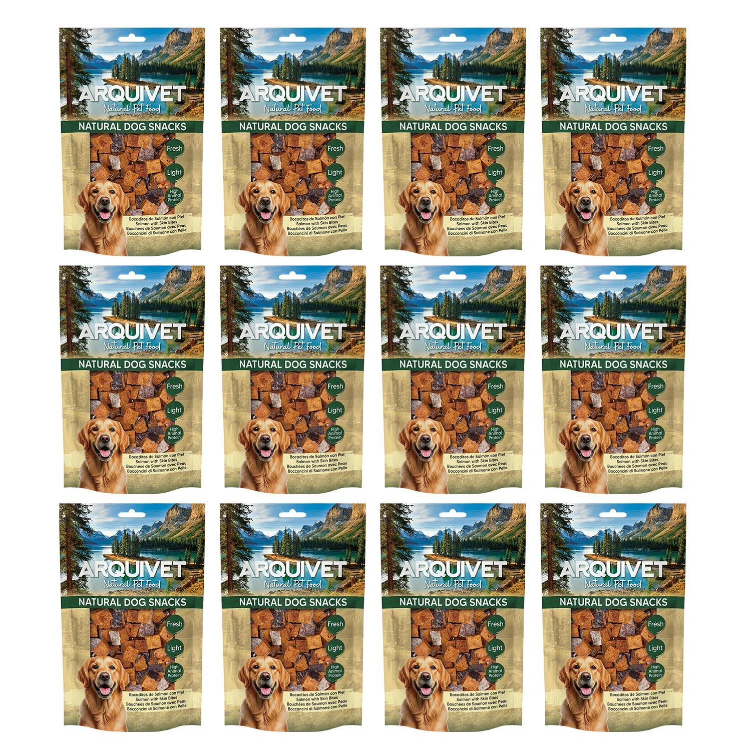 Friandises pour Chiens (Lot de 12) - Morceaux de Saumon avec Peau 100 g, friandises Naturelles pour Chiens - Arquivet