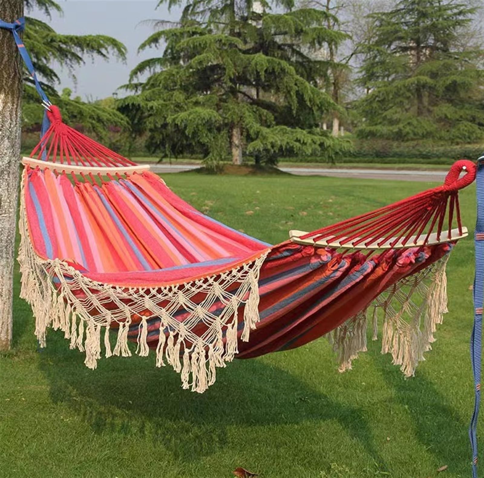 Hamak Ultralekki, Hammock Hamaki 200x150 Cm Na Hamak Z Huśtawką Zewnętrzną Zagęszczone Płótno Drewnianym Drążkiem Frędzlami W Stylu Boho na Kemping, na Zewnątrz(B)