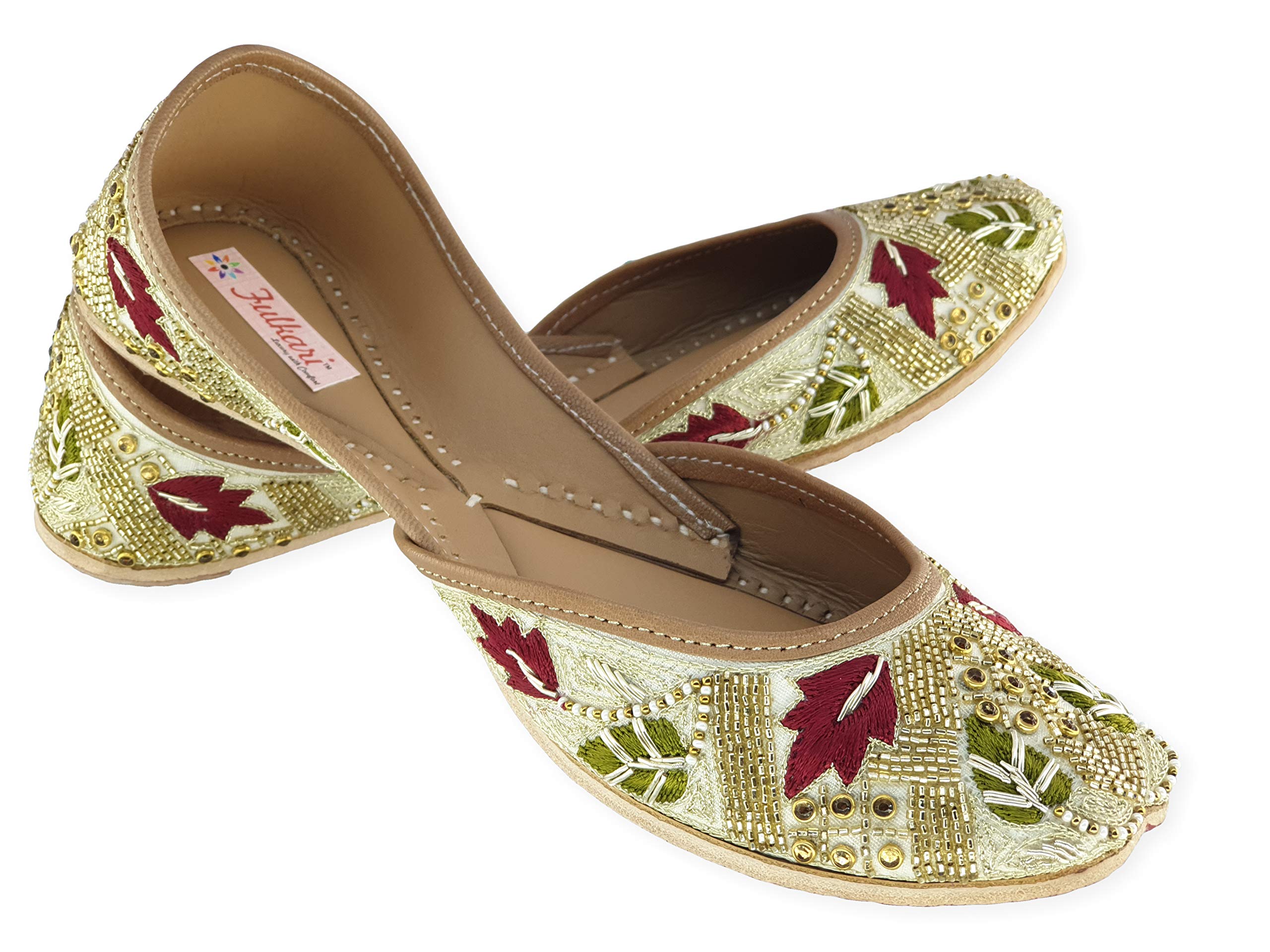 fulkari Women's Mimosa Multi Genuine Soft Leather Embroidered Jutis | Bite and Pinch Free Jutti | Punjabi Formal Juttis | Girl's Wedding Flat Ladies Mojari | Formal Ethnic Juti |-picture-34