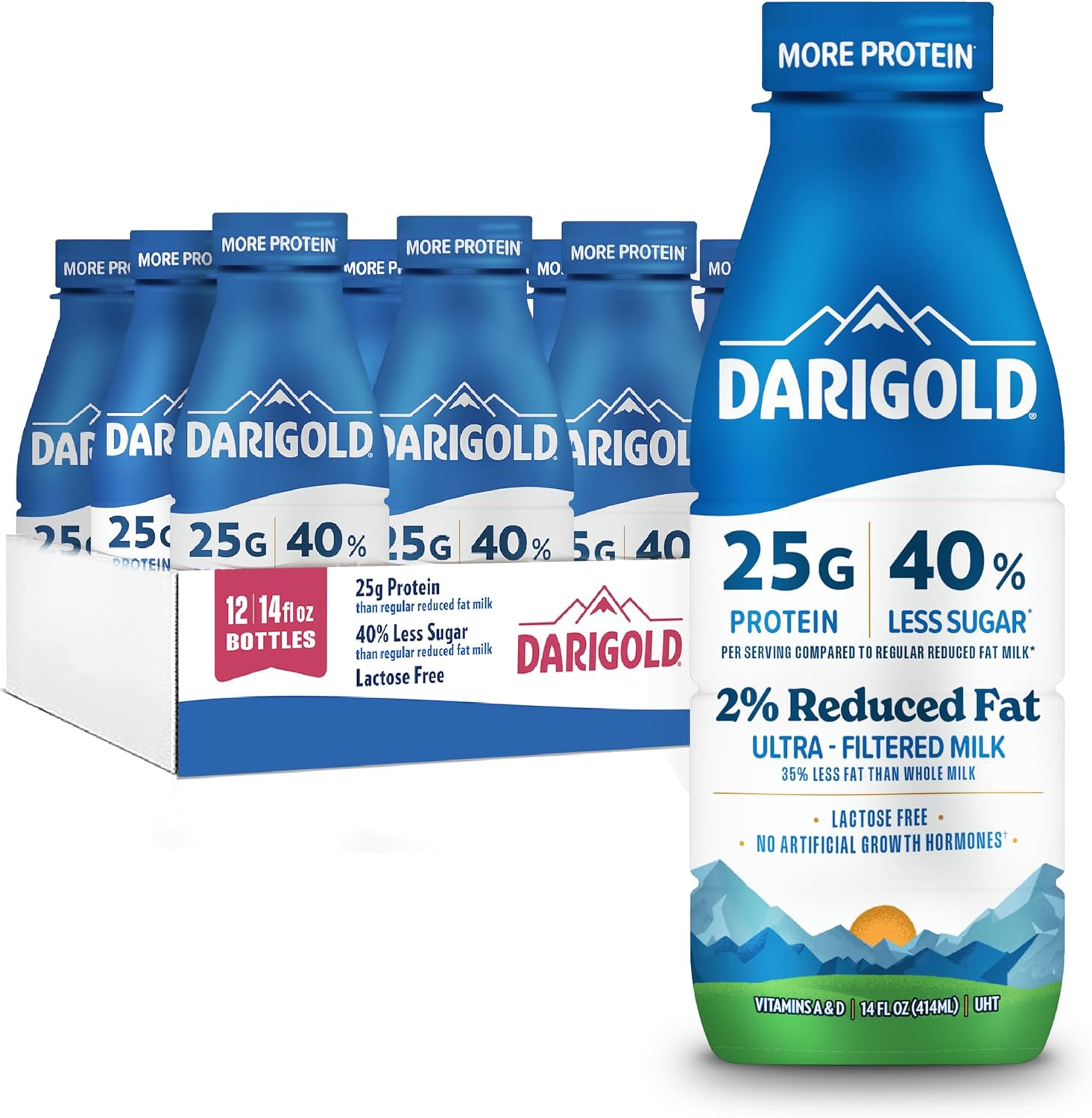 Darigold FIT High Protein Milk 2 Percent - Ultra-Filtered, Low Fat, Lactose Free - 25g Protein, 40% Less Sugar - 14oz Bottles, 12 Pack (White Milk)