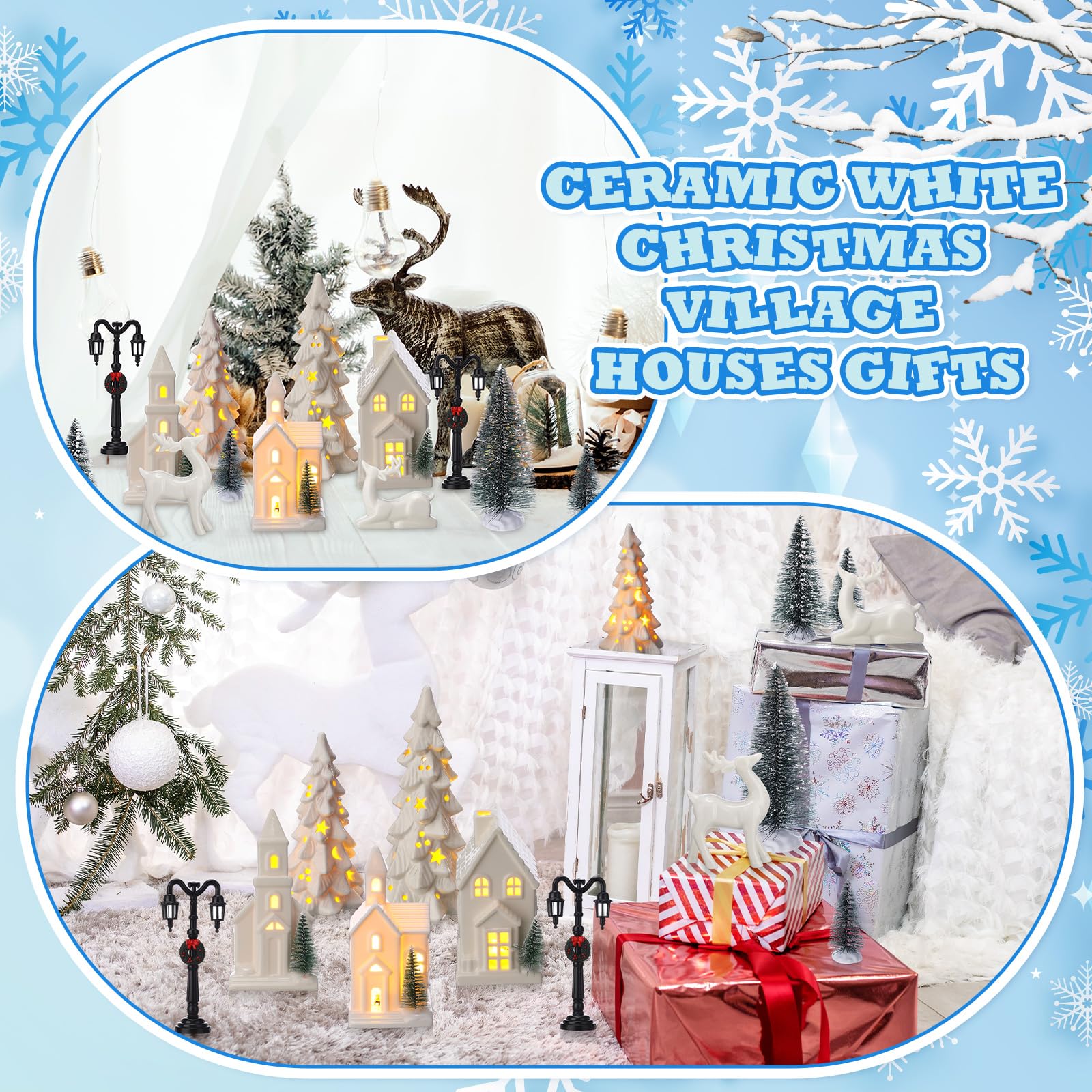 Nuogo Lot de 14 maisons de village de Noël à LED en céramique blanche avec sapin de Noël, figurine de renne en porcelaine, petit lampadaire, décoration de village d'hiver pour cheminée de table de