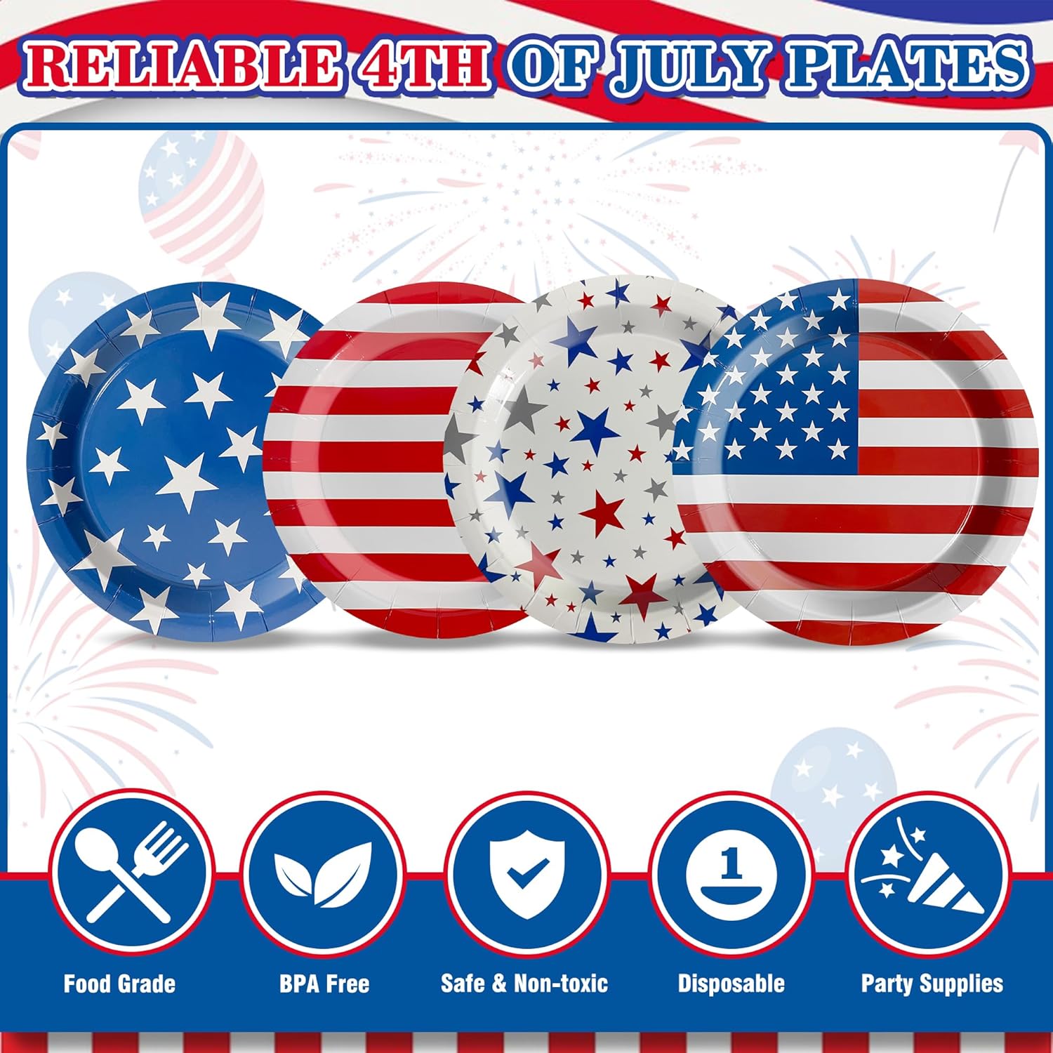 48Pcs 4th of July Plates, 4th of July Decorations American Flag Patriotic Party Supplies Disposable Paper Plates for Memorial Day Veterans Day Independence Day Party Decorations