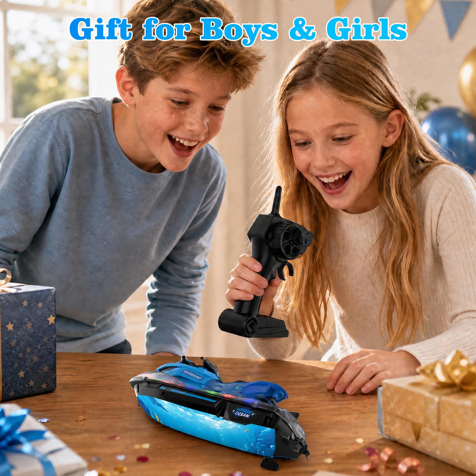 Barco RC, Barco Radiocontrolado Para Adultos Y Niños De 8 A 12 Años, Lancha Motor 2,4 GHz, Arranque Automático Y Luces LED, Aviso Batería Baja, Nave RC Totalmente Impermeable, Juguete De Verano