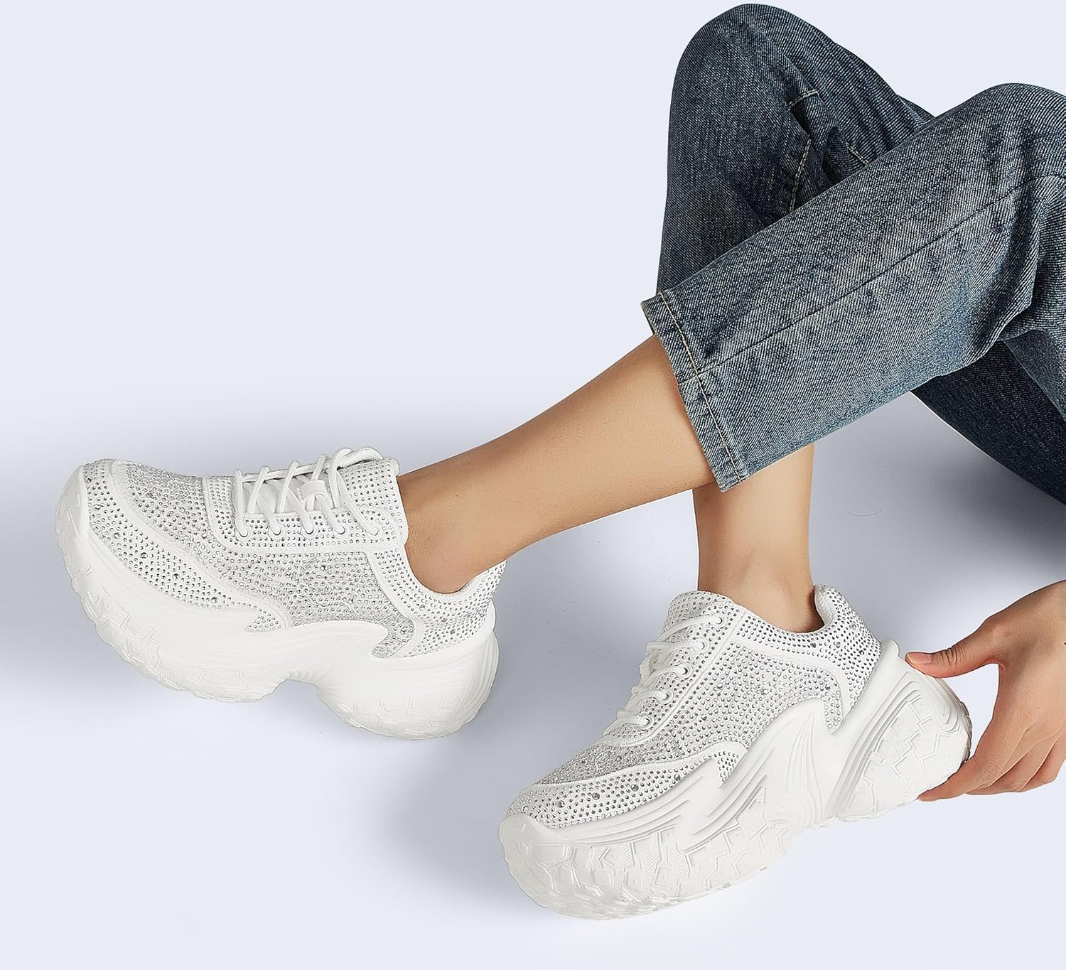 LUCKY STEP Women's Chunky Sneakers Platform Fashion Rhinestone Sparkly Dad Walking Shoes Butterfly Lace Wedge Casual Shiny Thick Sole Footwear - Image 9