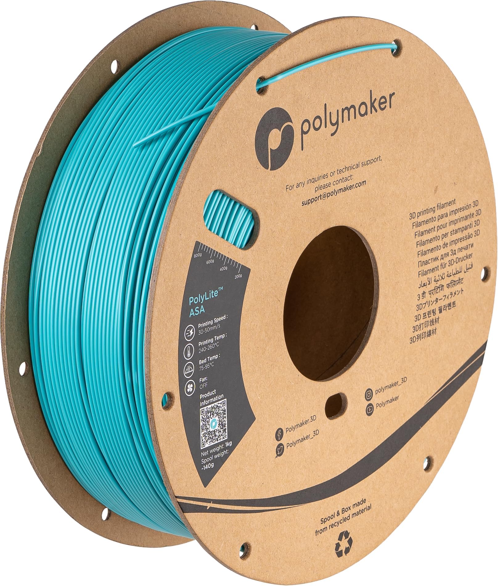 PolyMaker ASA Filament 1.75mm Teal, 1kg - Heat & Weather Resistant, Perfect for Outdoor Parts
