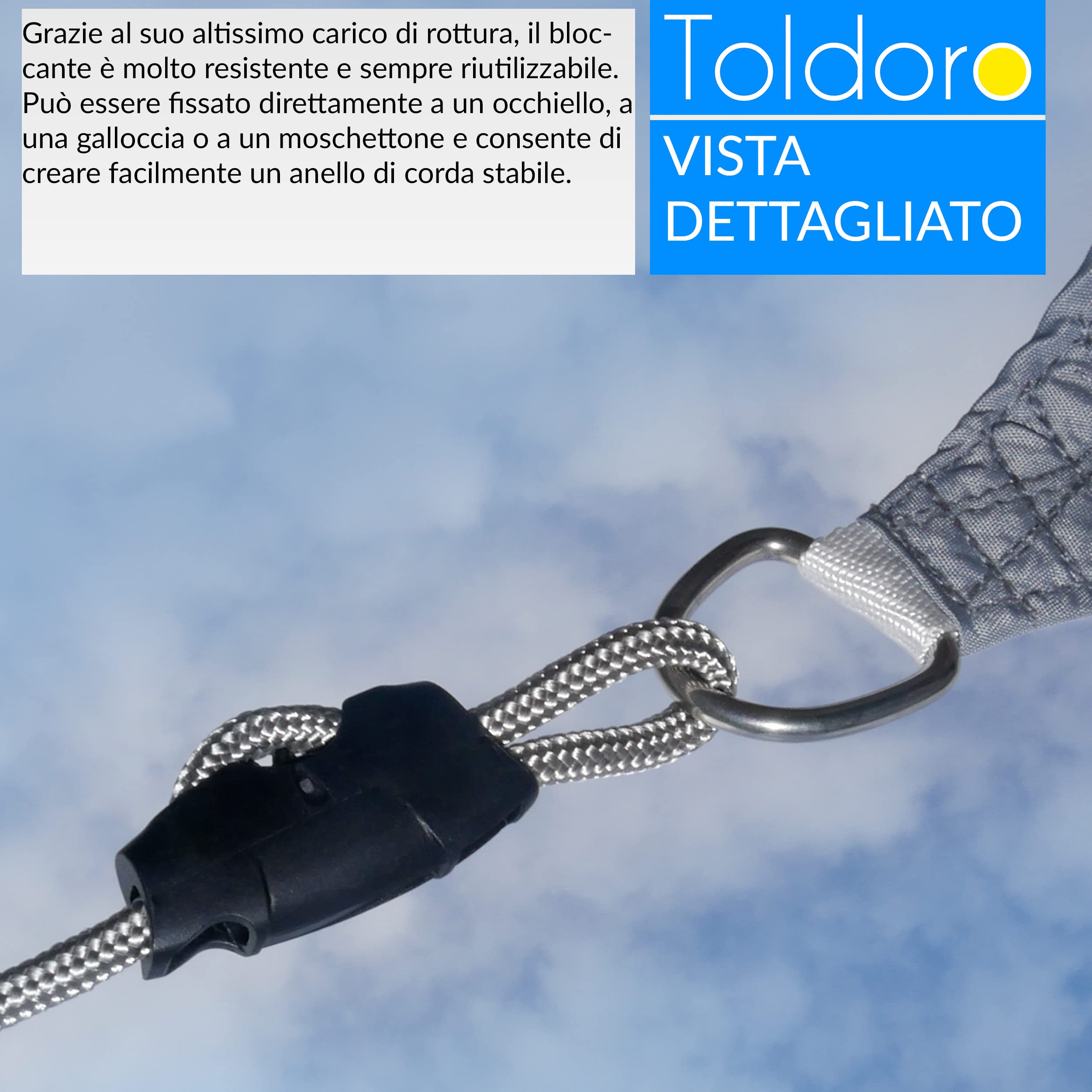Toldoro Super Sharky, 4 morsetti per funi da 10mm di diametro, bloccante ad alta resistenza per corda, blocca corde, morsetto per fissare il cordame di barca a vela e tendoni