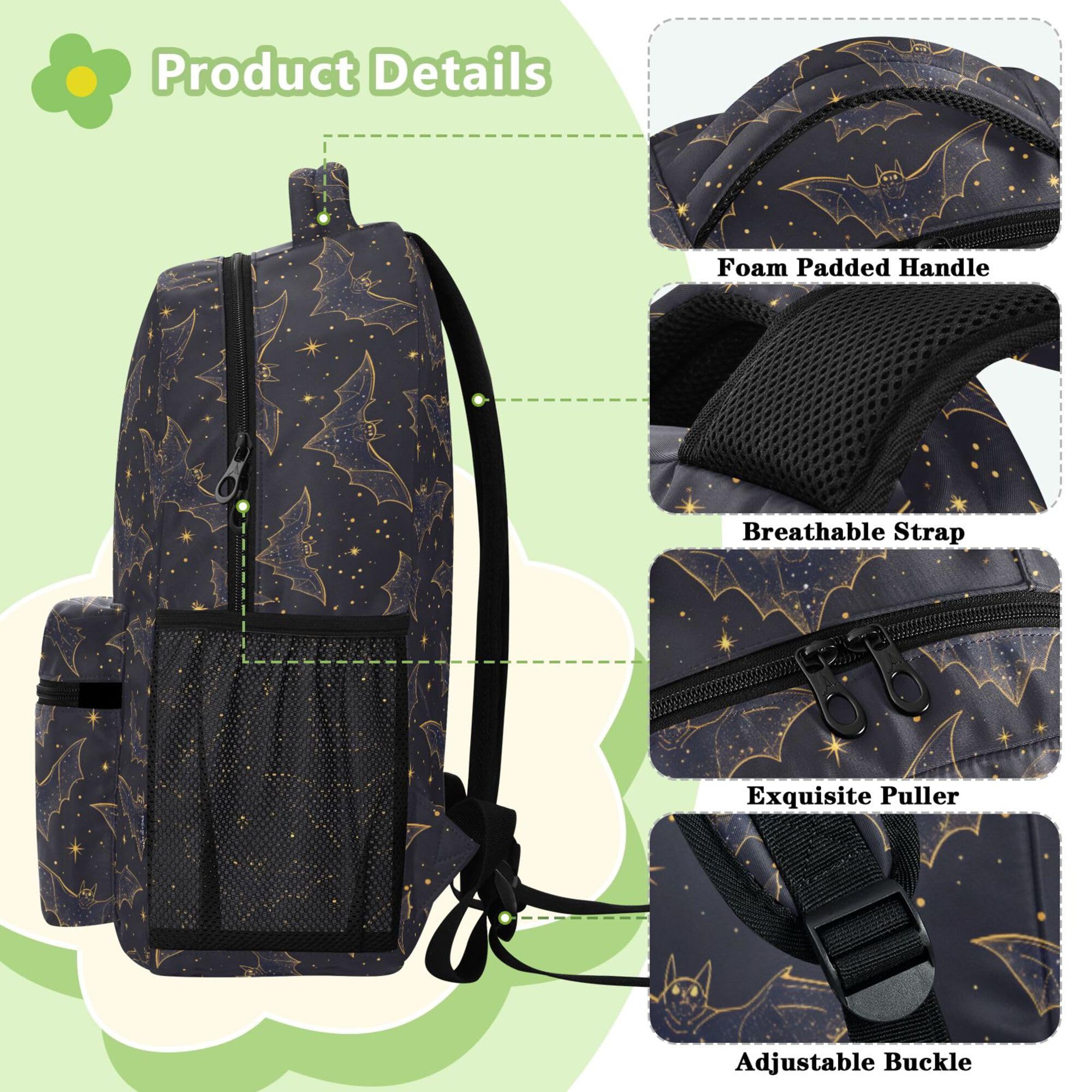 ALAZA Mochila para niños, mochila escolar con diseño de murciélagos y estrellas, color negro, de gran capacidad, para estudiantes, para niños y niñas, Bats I8277, M, Bats I8277