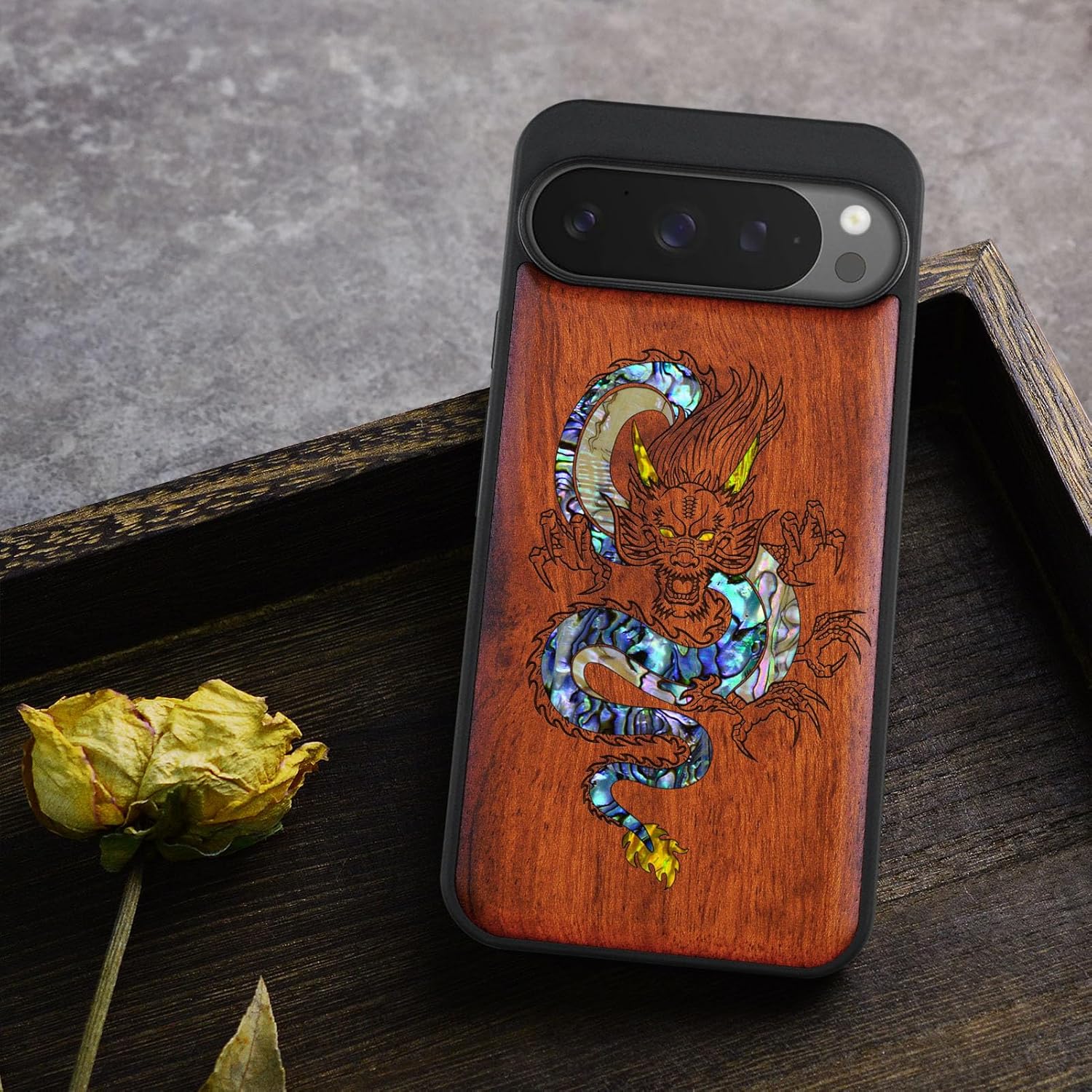 Carveit Magnetic Wooden Case for Google Pixel 9 Pro XL Case, Wood Artisan Engraved & Handmade Shell Inlaid, Compatible with MagSafe Wireless Chargers, The Oriental Dragon - Rosy