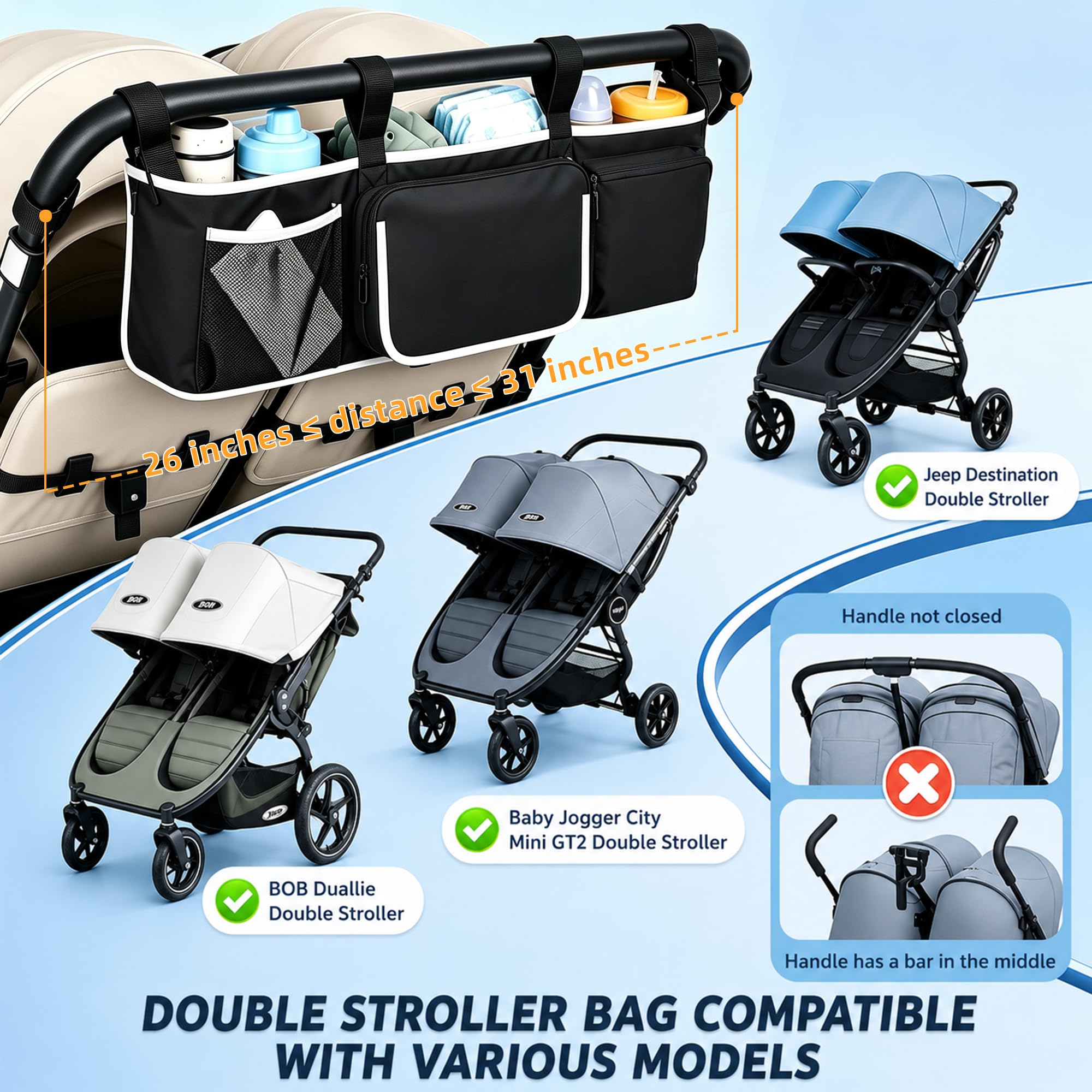 Organizador universal para cochecito de bebé, con portavasos aislados, para pañales y juguetes, adecuado para todos los modelos de vehículos todoterreno