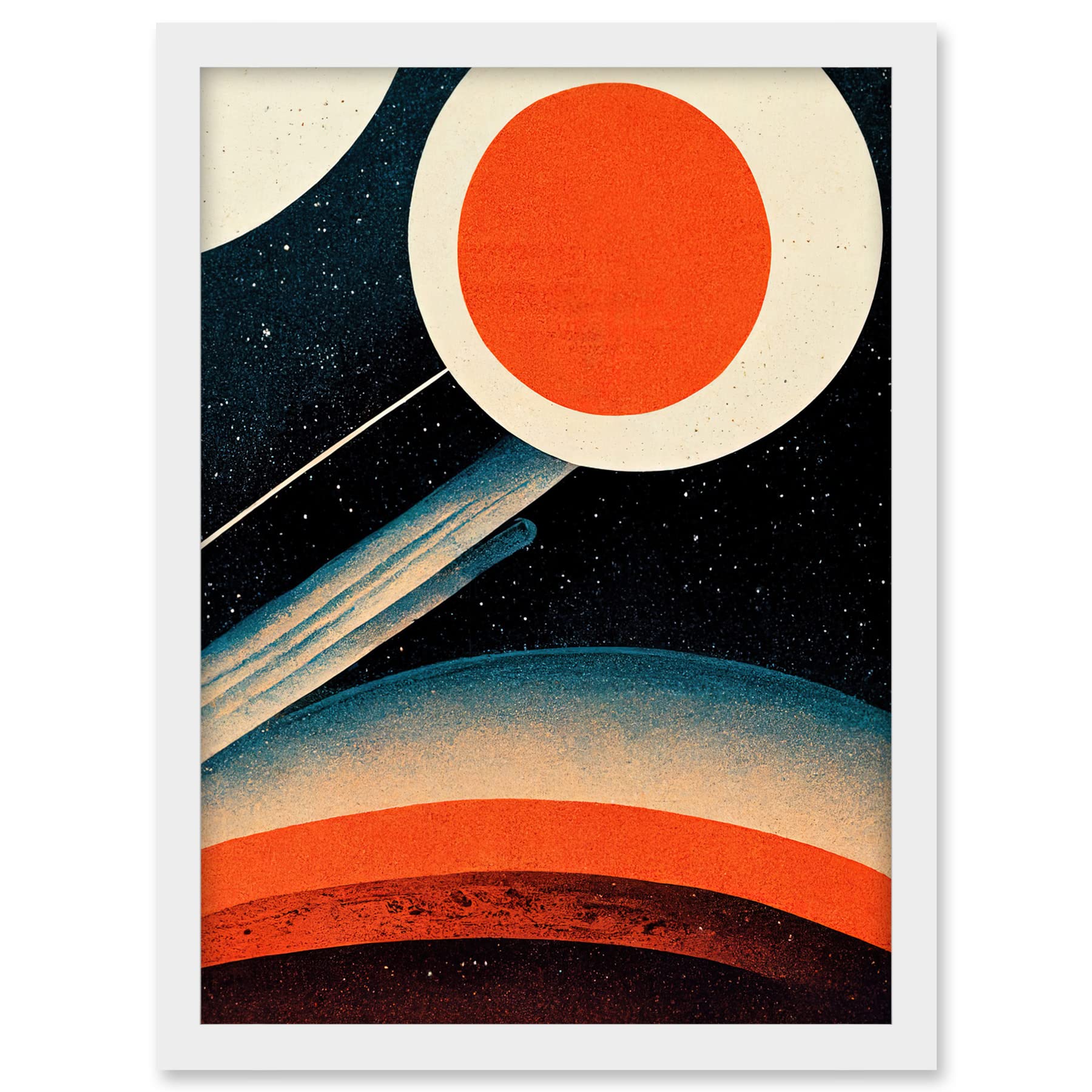 Wee Blue Coo Retro Boho Space Starscape Abstract Mid Century Style Navy Teal Orange Cream Artwork Framed A3 Wall Art Print