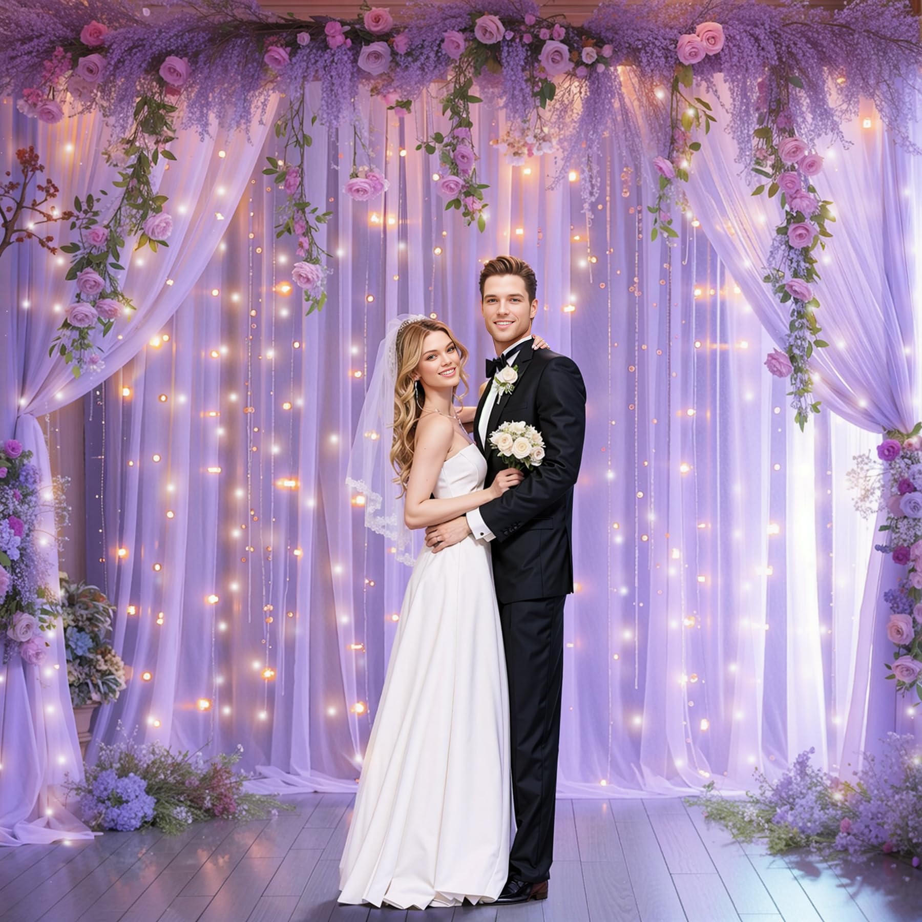 Chiffon Hintergrundvorhang Mit Lichterkette – 2 Paneele à 1,5x3 M, Lila – Für Hochzeiten, Babyparty & Deko, USB-Betrieb