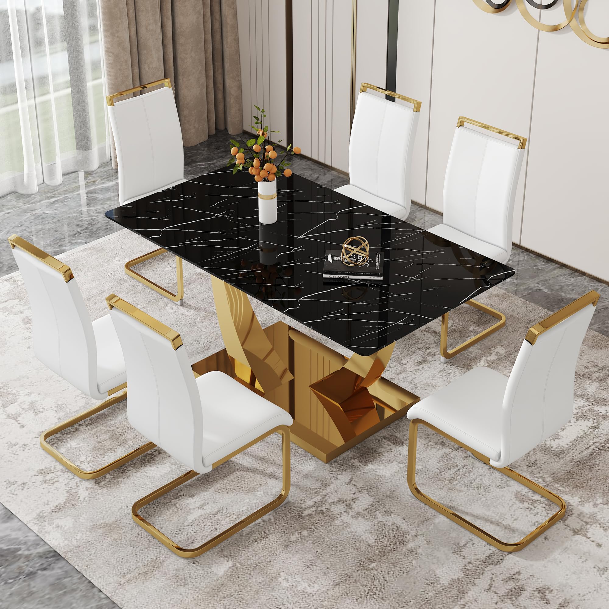 63” Dining Room Table Set for 6,Modern Gold Dining Table Set for 6, Rectangle kitchen Table Set With PU Leather Chairs,Black Faux Marble Dinner Table