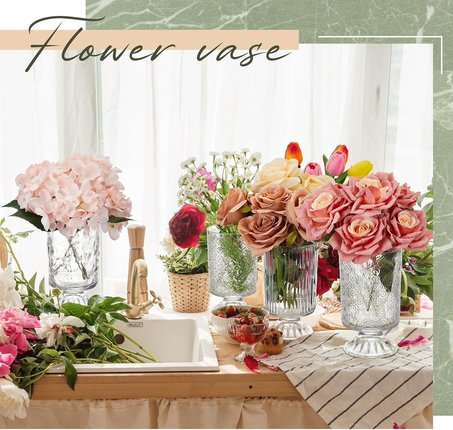 6 Pcs (H:7" W:4") Embossed Flower Vase Pedestal Glass Vase Big Base Thickened Crystal Vintage Vases for Valentines Day Wedding Home Decor Table Centerpiece House Warming Gifts(Clear) - Image 3