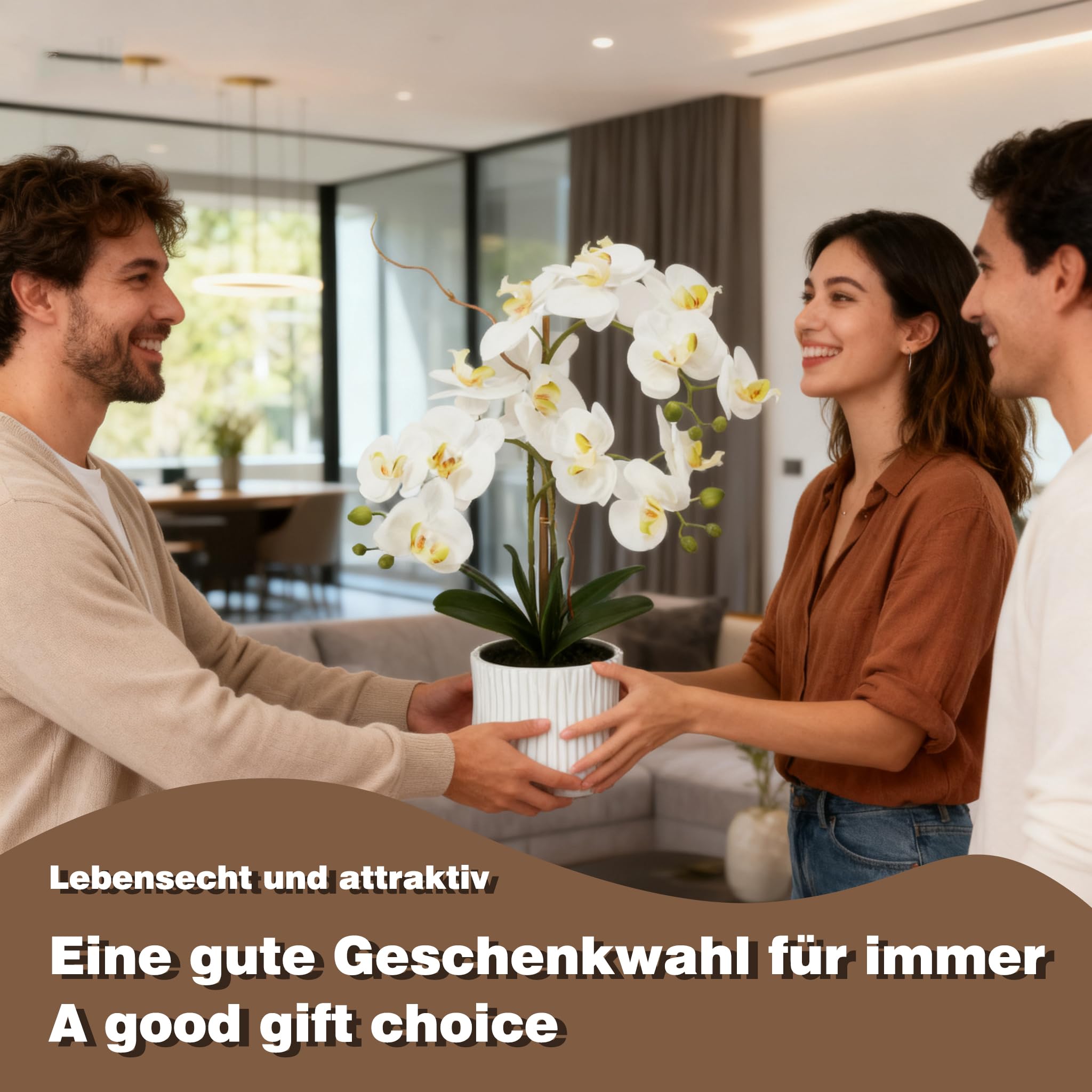 21" 53cm künstliche Orchideenblüten fühlen sich echt an, gefälschte Orchideen-Phalaenopsis-Pflanze im Keramiktopf Kunstorchideen-Seidenblumenarrangement für Heimbüro-Tisch-Badezimmer, doppelte Stiele
