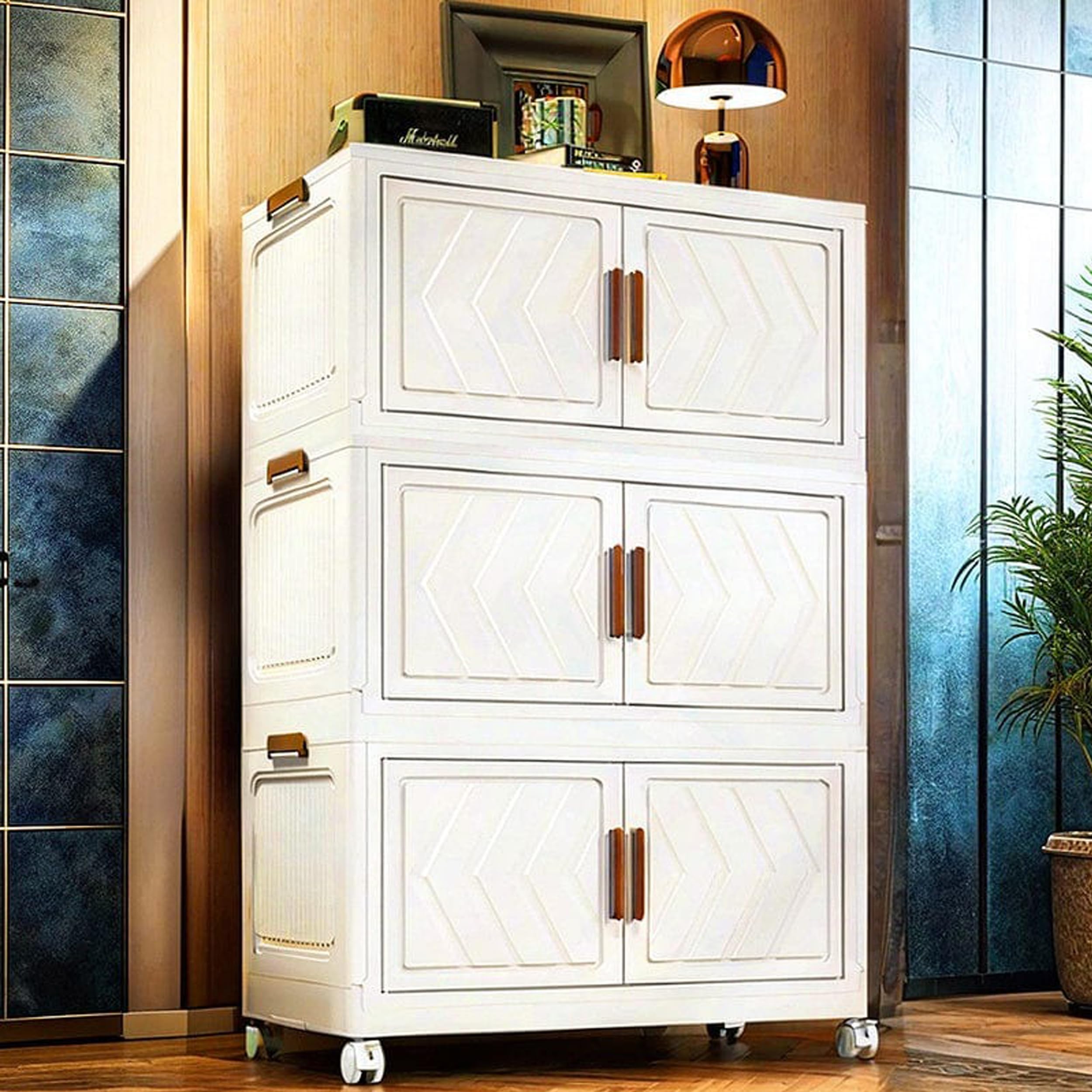 AYSIS 𝟑 𝐓𝐈𝐄𝐑 Plastic Wardrobe for Kids Clothes with Wheels | Multipurpose Collapsible Wardrobe Storage Almirah Wardrobe for Clothes, Kitchen Cupboard | Plastic Cupboard for Kids for Home - Ivory
