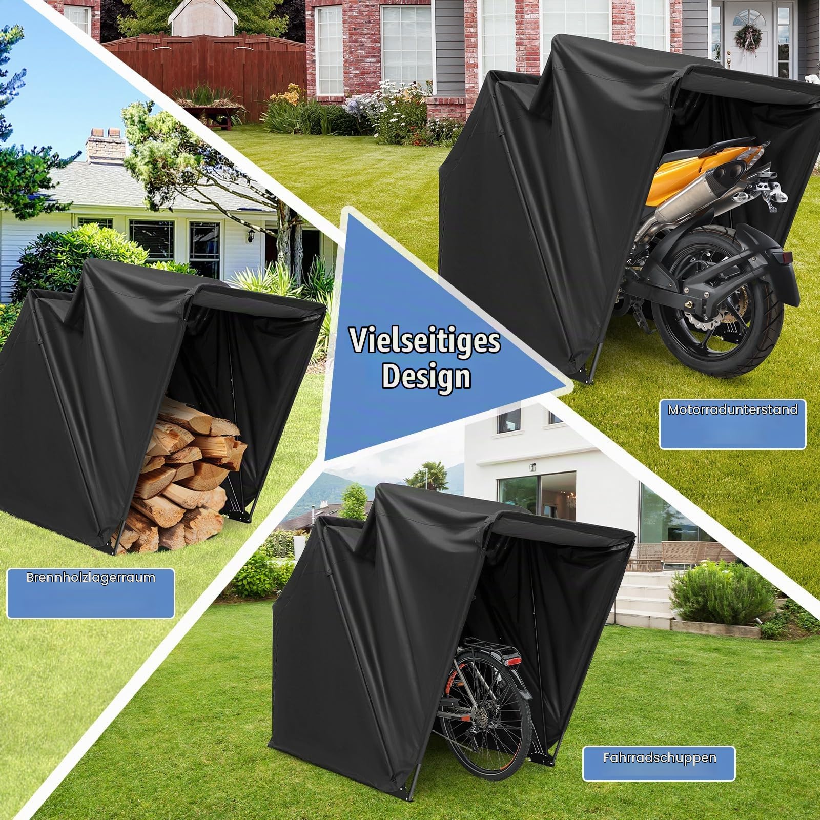 FANTASK Motorrad Zelt Garage, 342 x 137 x 190 cm, Universal Faltgarage Oxford-Stoff, Faltgarage wetterfest mit Metallrahmen für Motor Moped Roller Motorroller, Schwarz