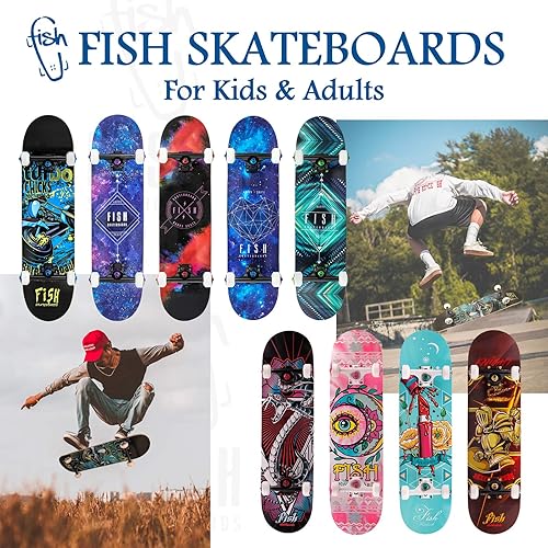 Vista 13 de FISH SKATEBOARDS Patineta estándar, patineta completa de 31 x 8 pulgadas, 7 capas de arce canadiense de doble patada cóncava de crucero para niños