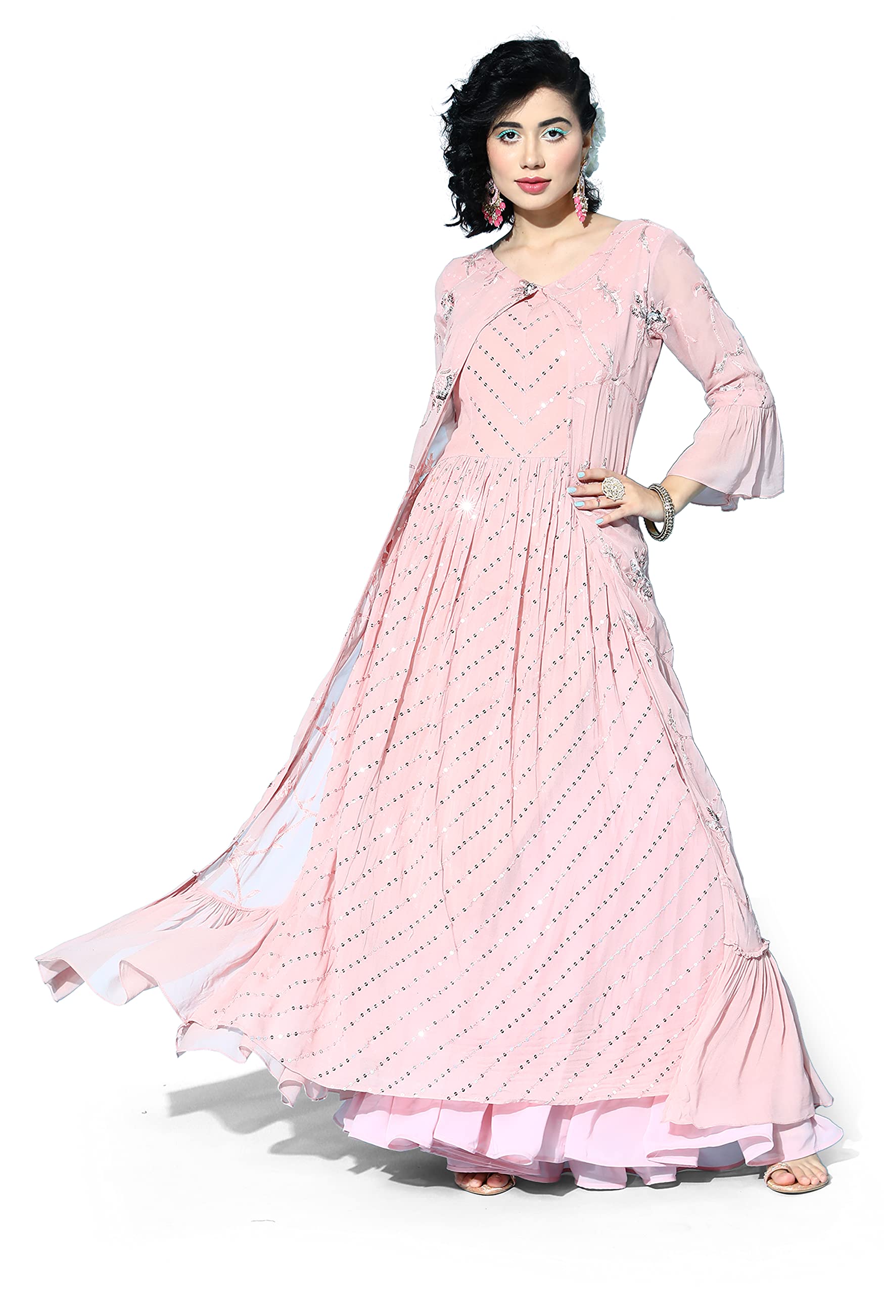 LYMI LABELGeorgette Sequence Embroidered Pleated Layered A-Line Gown, Peach, M