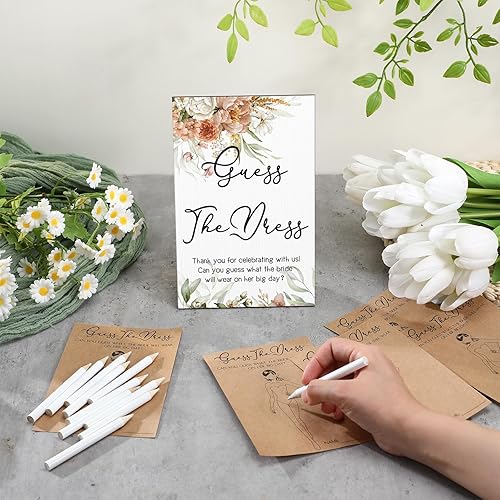Miniatura 10 de Seajan Guess The Dress - Juego de despedida de soltera, letrero de madera, divertido juego de despedida de soltera, letrero de mesa, 50 tarjetas