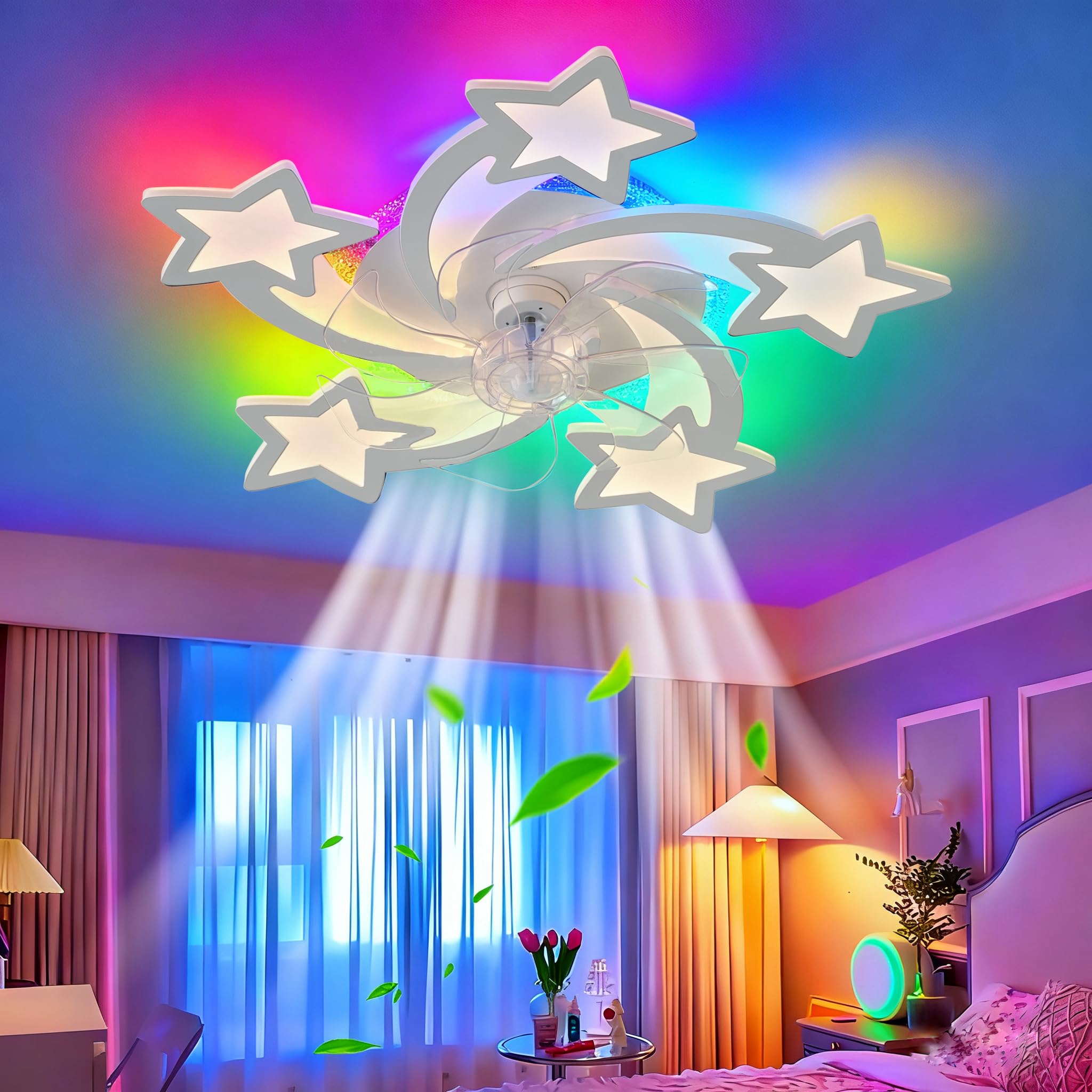 TuoyuanW Ceiling Fans with Lights RGB Remote Control App Chandelier Fan with Dimmable Reversible Fan Lamp 6 Speeds Quiet Timer Night Light Memory Function for Children's Room, White