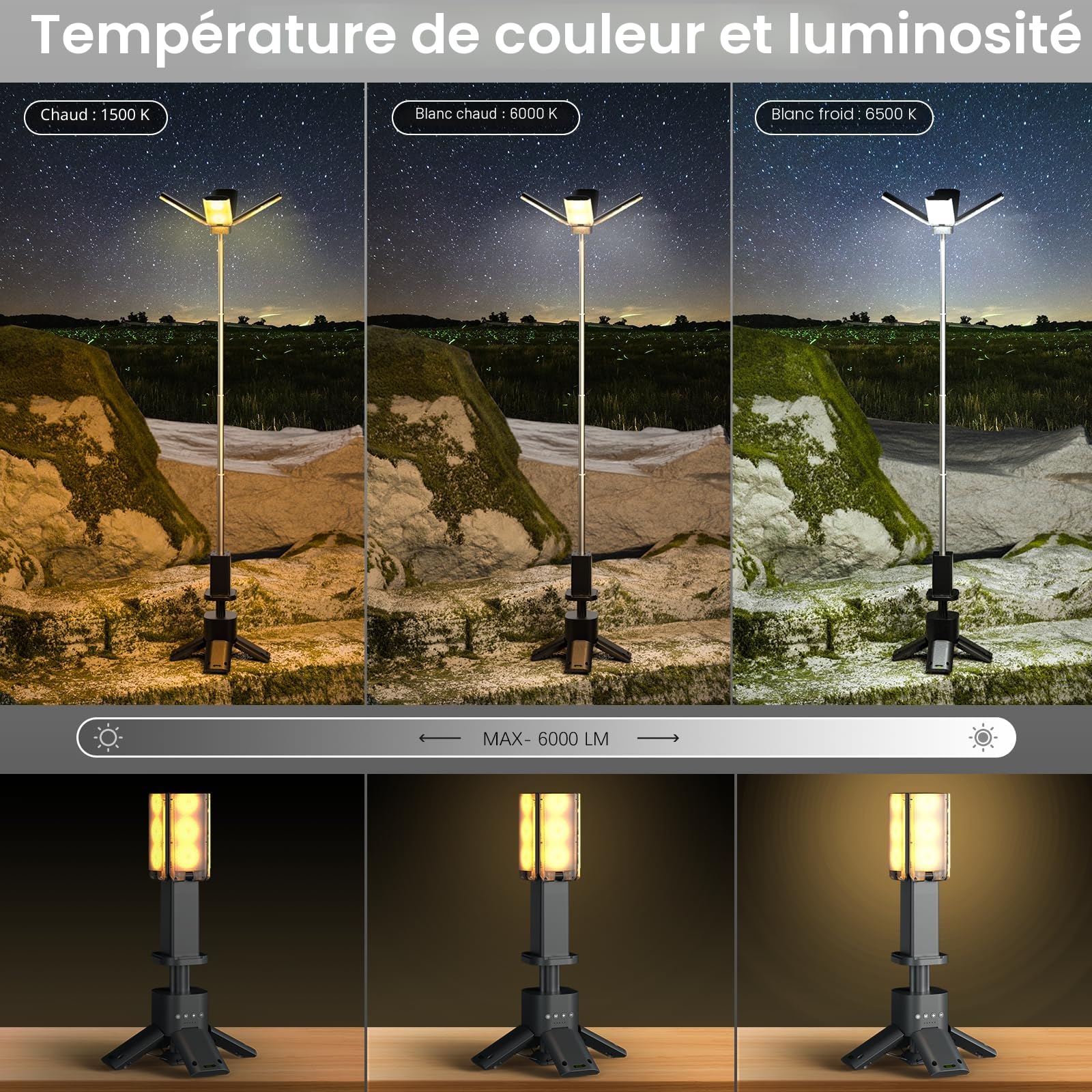 Clemas Lampe de camping télescopique rechargeable, batterie 14000 mAh, lampe de camping LED multifonction magnétique, éclairage de chantier sans fil, lampe de tente à intensité variable, alimentation