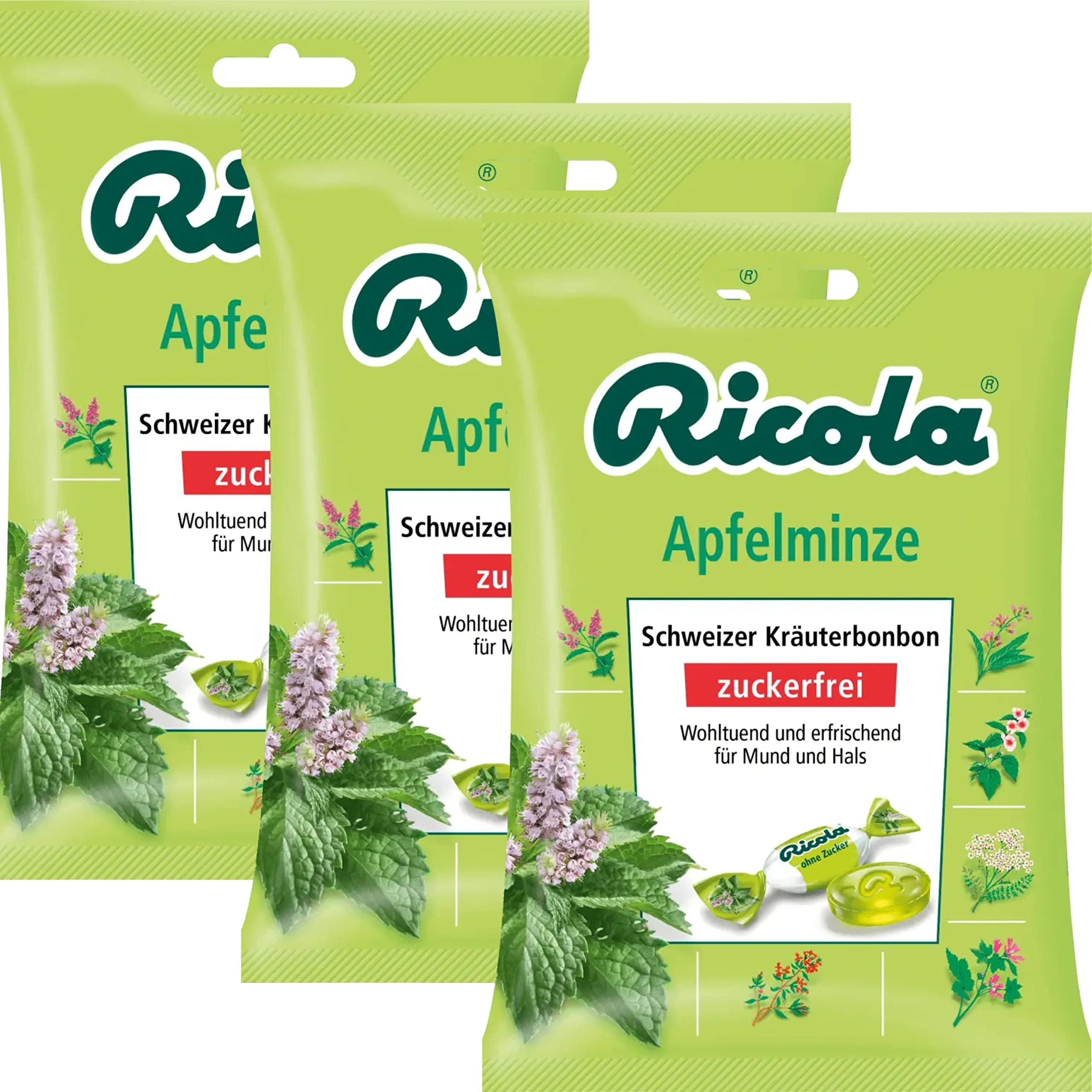 Ricola Applemint Sugarfree Swiss herbal Bonbon (3 Bags each 75g) - fresh from Germany