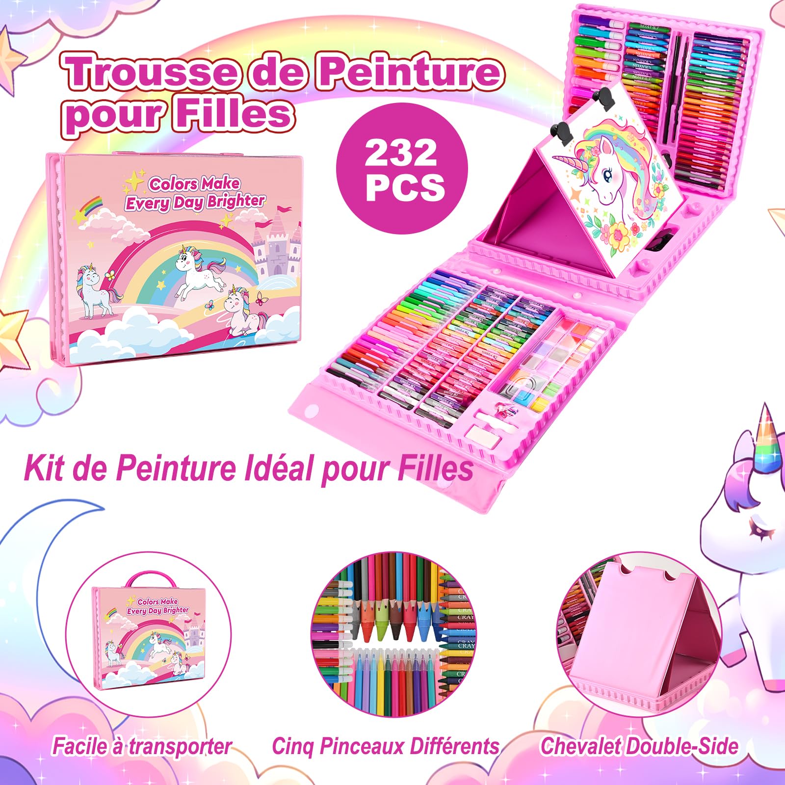 Mallette De Dessin Licorne GOLDGE – 230+ Pièces – Crayons, Pastels, Aquarelle, Chevalet – Cadeau Fille 3-12 Ans