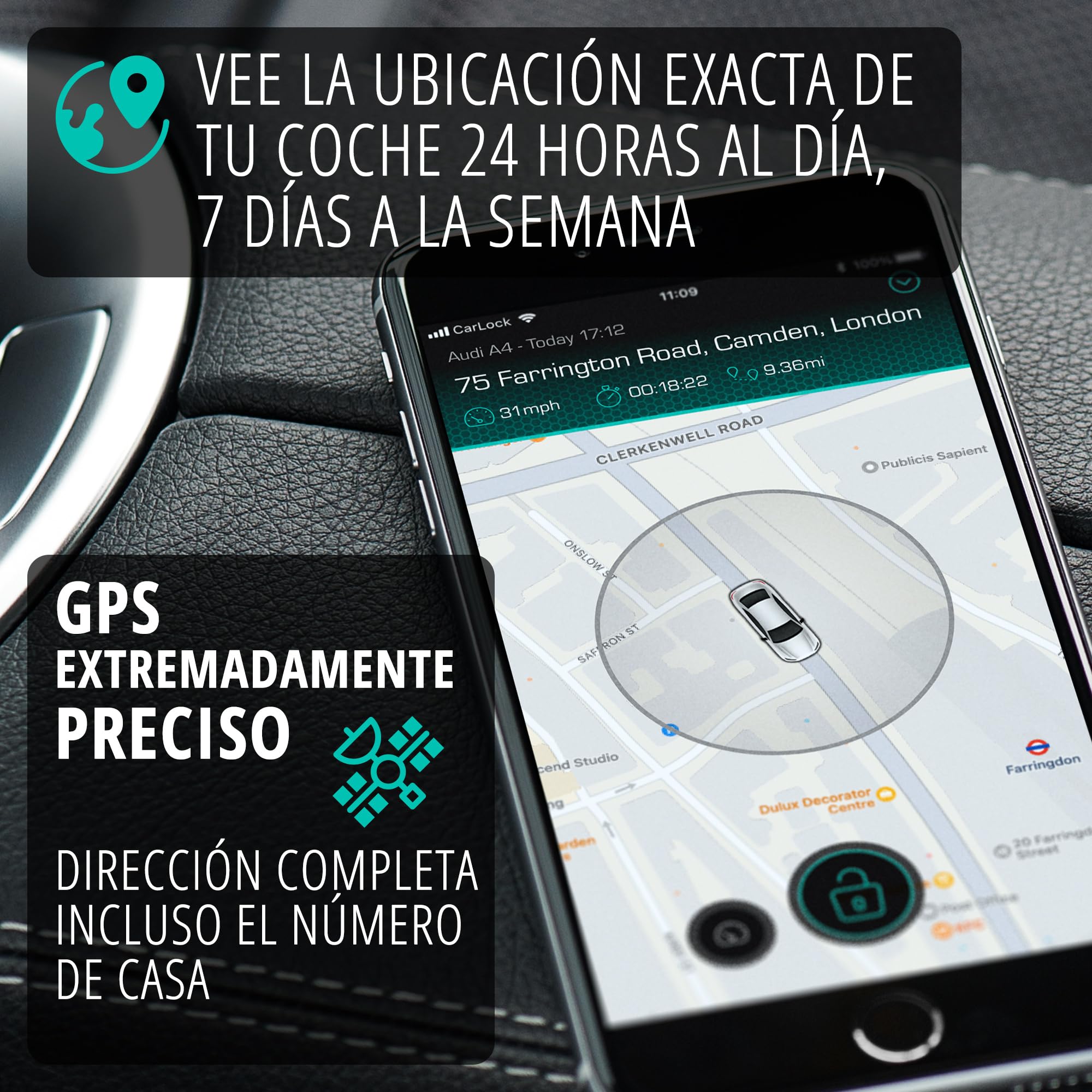 CARLOCK Basic GPS Coche Localizador, Alarma para Coche y Antirrobo Coche. Rastreador GPS en Tiempo Real, Notifica Inmediatamente Vibraciones o Movimientos Sospechosos. Seguridad Completa del Coche