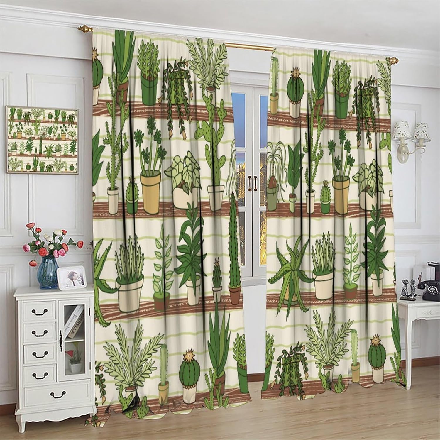 Potted Plant Curtains Green Leaves Potted Floral Cactus Flower Natural Art Print Window Drapes for Bedroom Living Room Kitchen Decor,2 Panel Set,42x54 Inch Blackout Style-1