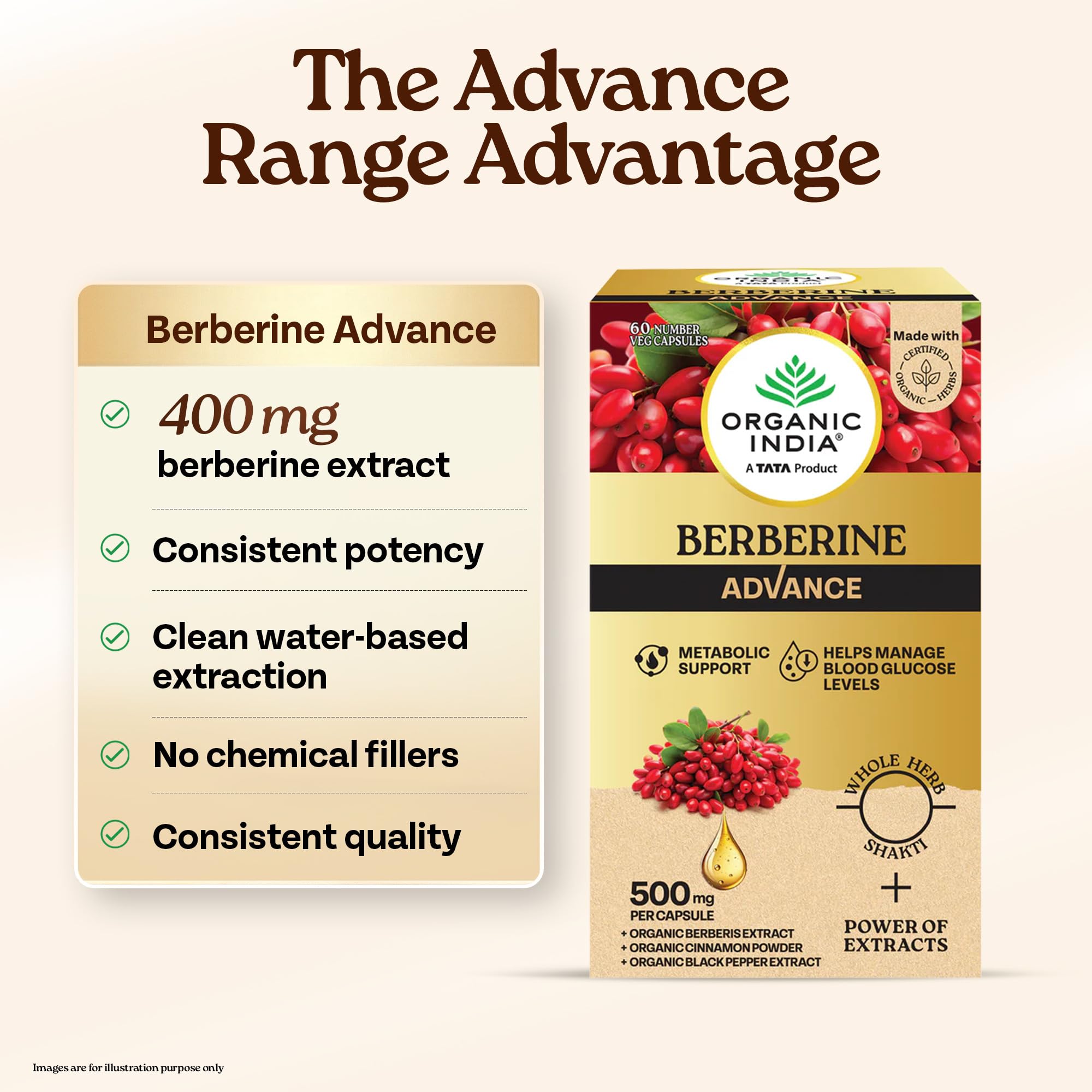 Organic India Berberine Advance Capsules, 60 Veg Capsules, 500 mg per Capsule, With Organic Cinnamon & Black Pepper Extract, Metabolic Support & Blood Glucose Balance product image 3