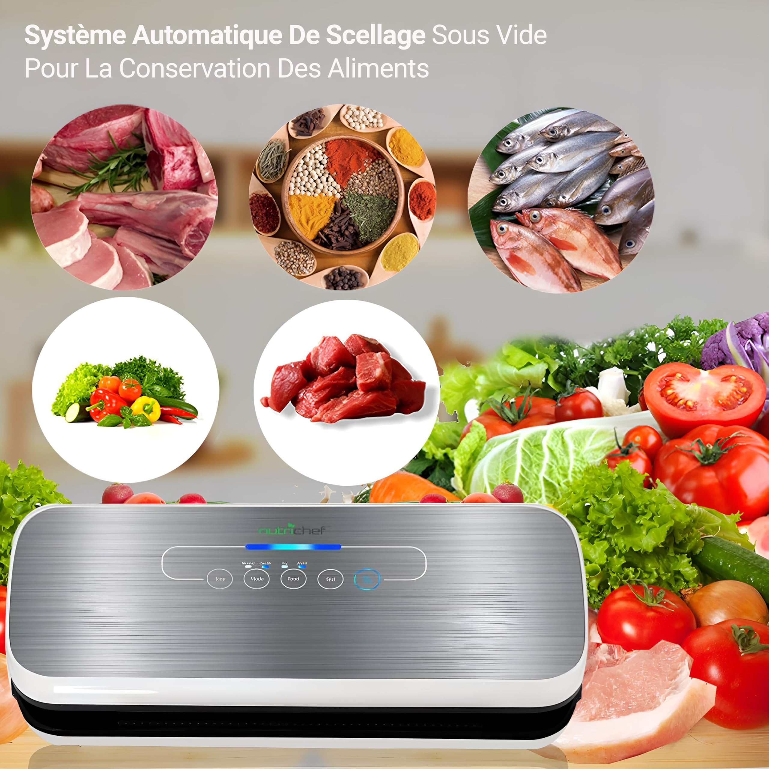 NutriChef Machine à Sceller Sous Vide - Système de Scellage Automatique pour Aliments Secs et Humides, Commandes Tactiles LED, Inclut des Sacs de Vide, un Tuyau et un Bouchon - Argenté