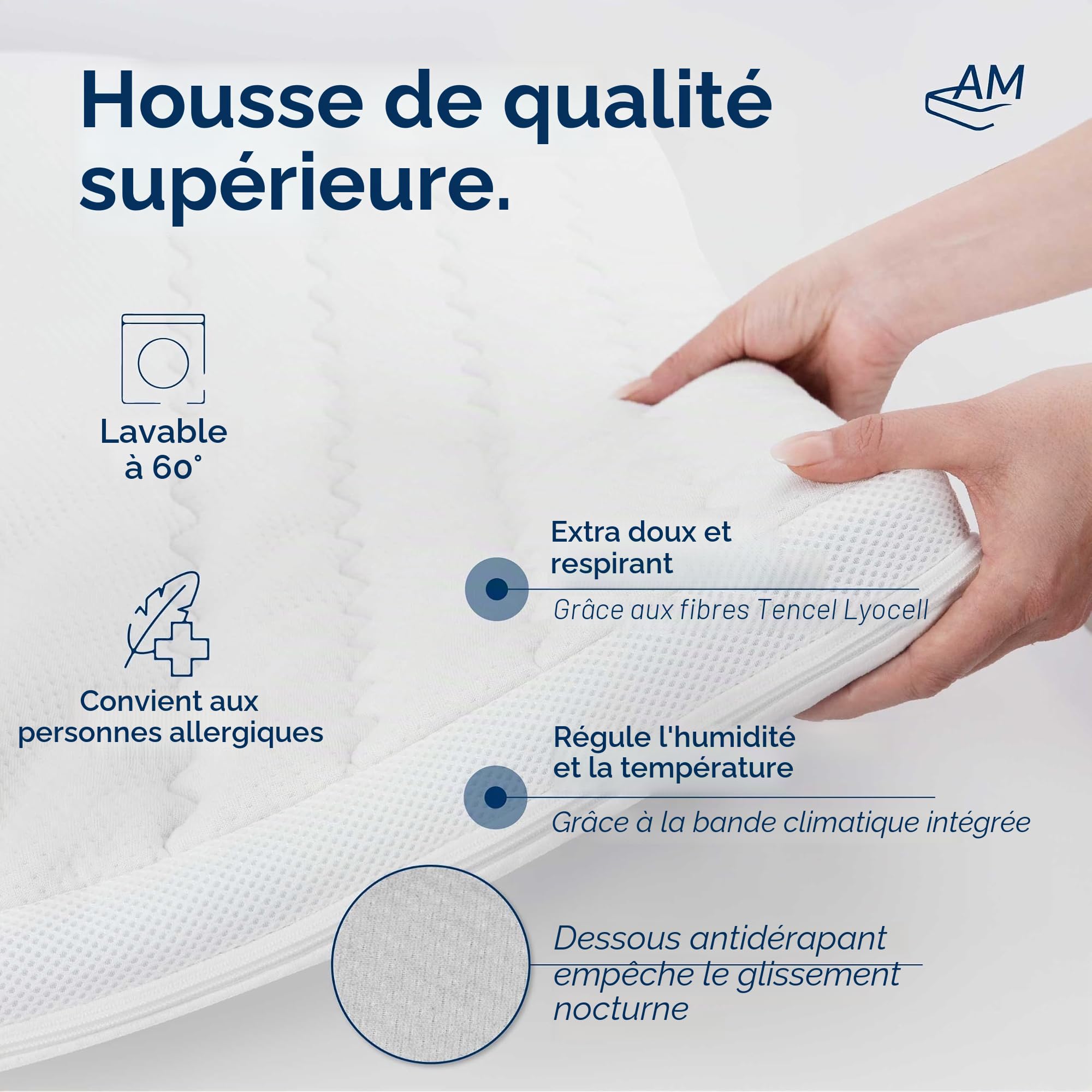 Surmatelas Mémoire de Forme 140x190 Moelleux 8 cm - Epais en Mousse de Gel - Housse Respirante - 7 Zones pour Un Sommeil Confortable
