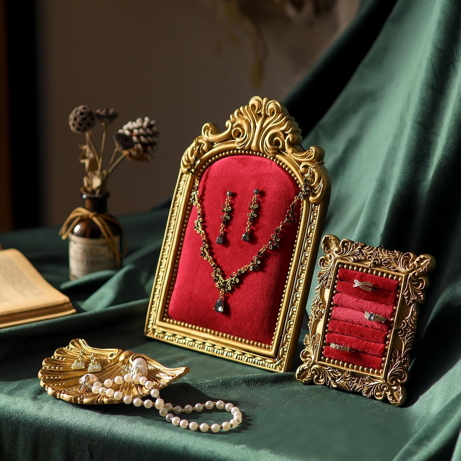 3-Piece Jewelry Display Stand, Velvet Necklace Display Set, Ring Holder Dish, Vintage, Earring Organizer, Baroque Trinket Storage Dish for Women Gifts, Necklace Jewelry Stand for Selling