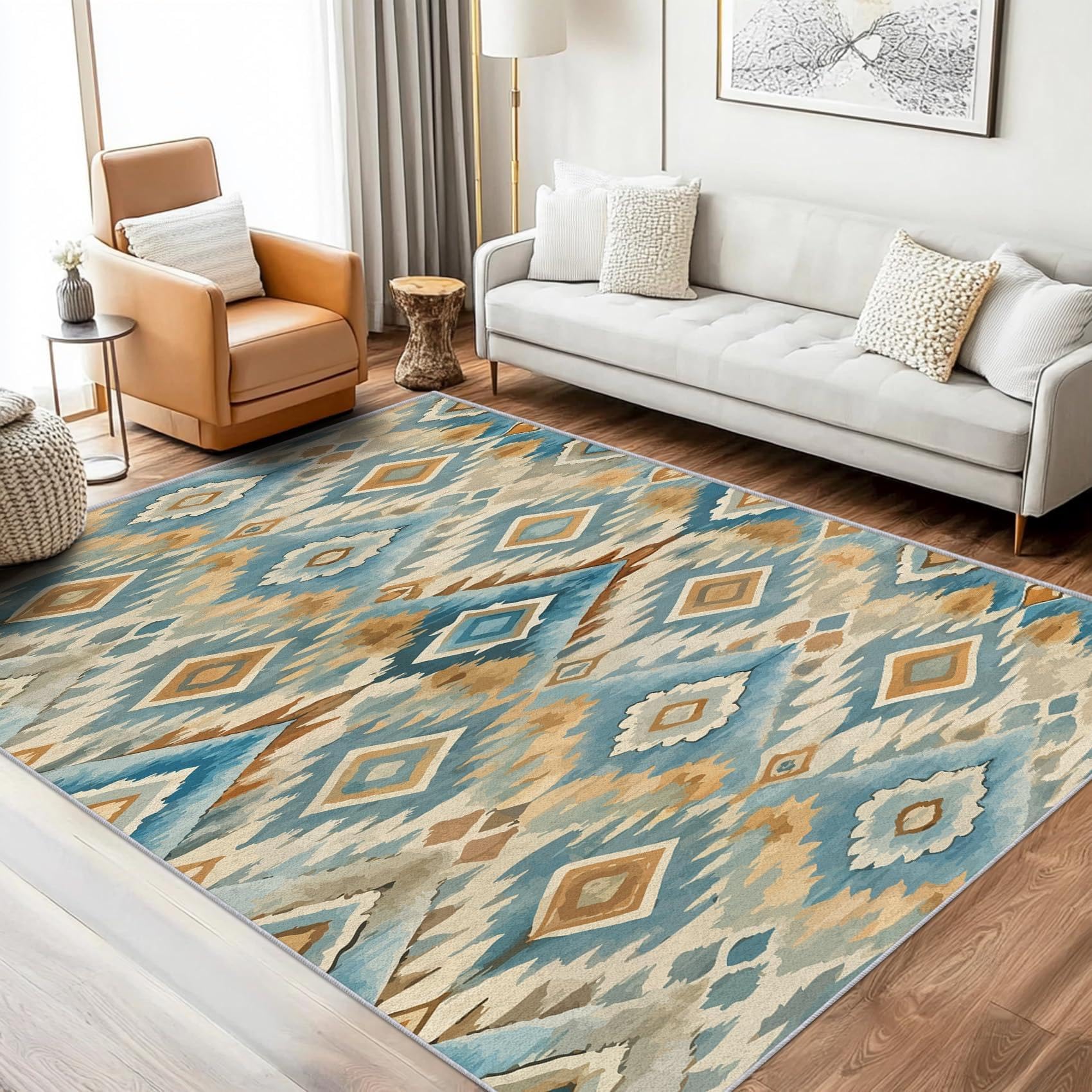Tapis de salon grand format au design géométrique bleu raffiné