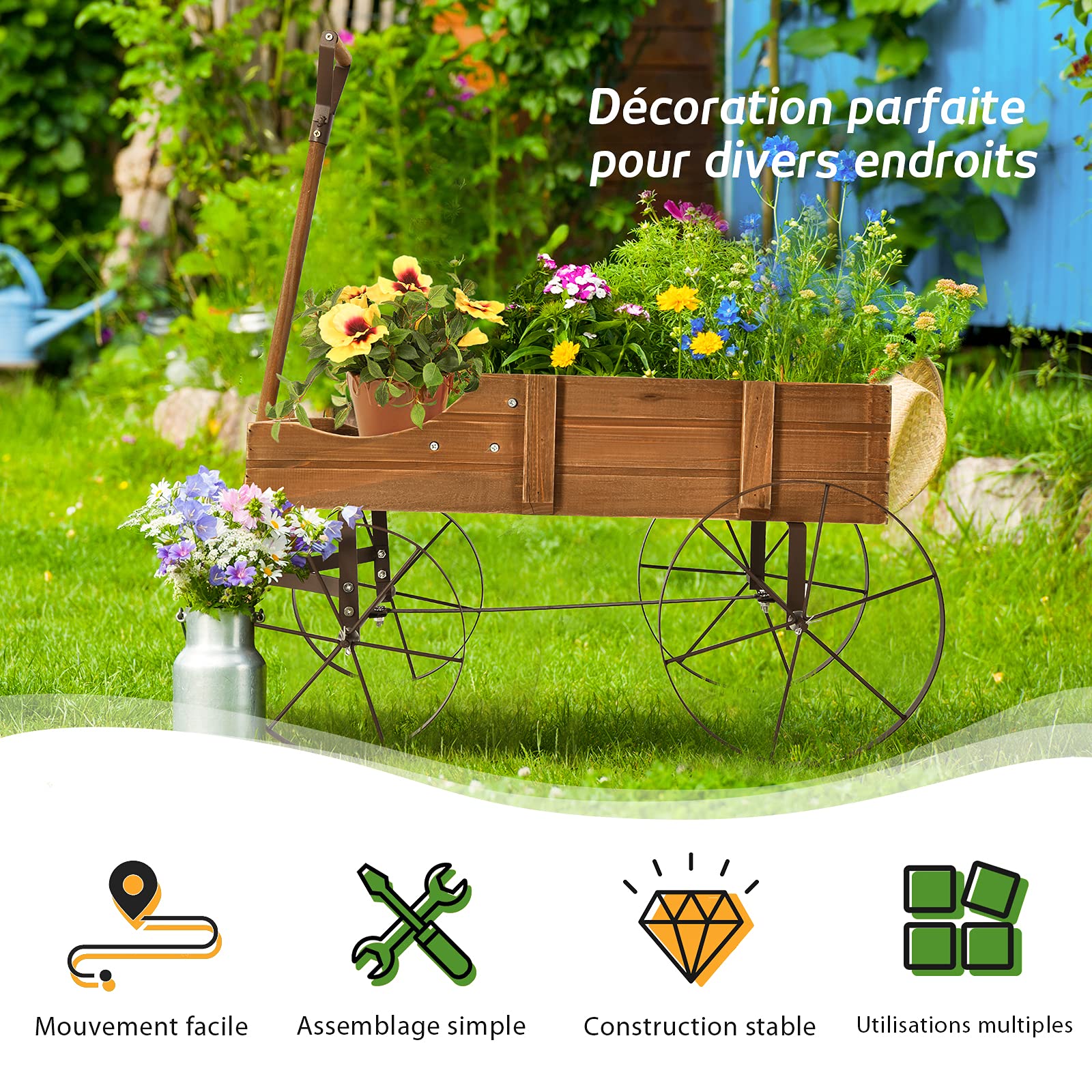COSTWAY Brouette Décorative en Bois avec 2 Compartiments à Planter, Jardinière avec Roues Métalliques et Poignée à l'avant Charge 15kg pour Cour Jardin Véranda (Marron)