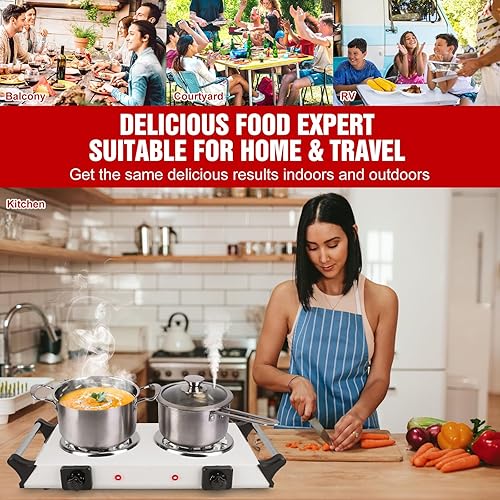 Miniatura 5 de Placa caliente de 2000 W, estufa eléctrica portátil para encimera, quemadores de bobina doble con control de temperatura de 5 niveles y asas que se