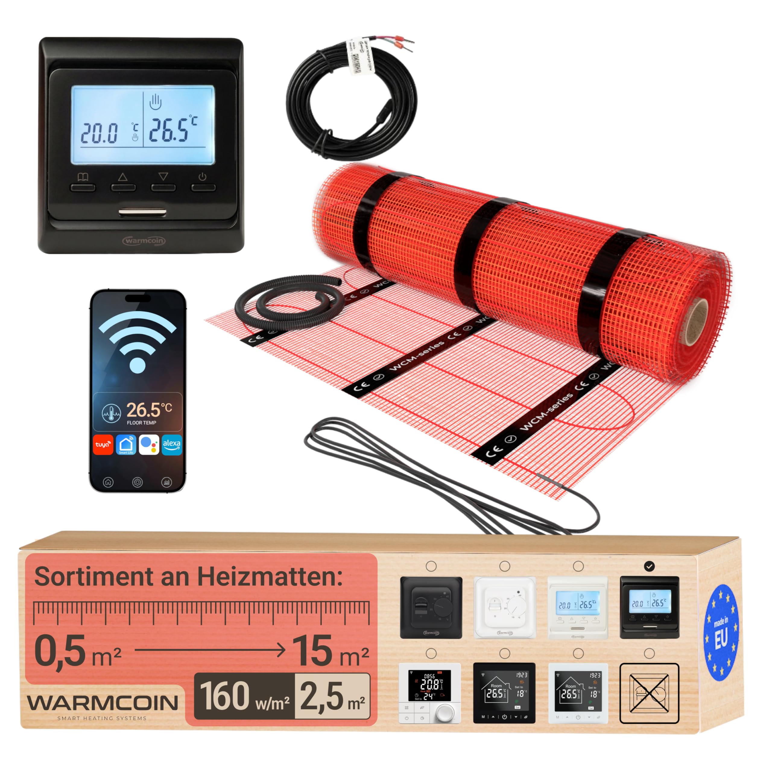 160W/m² 2,5m² Suelo Radiante WiFi – Termostato W51 Negro – Control Smart Fácil e Intuitivo para Casa Conectada