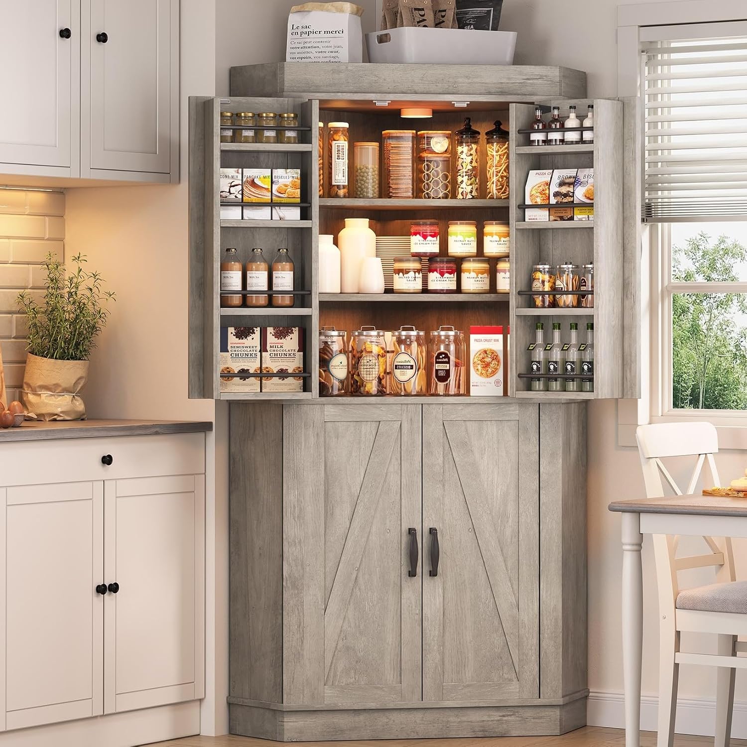 corner cabinet, kitchen pantry cabinet, storage cabinet with 4 doors and shelves, kitchen cabinet, pantry cabinet, tall food pantry storage cabinet farmhouse furniture for kitchen dining room, grey