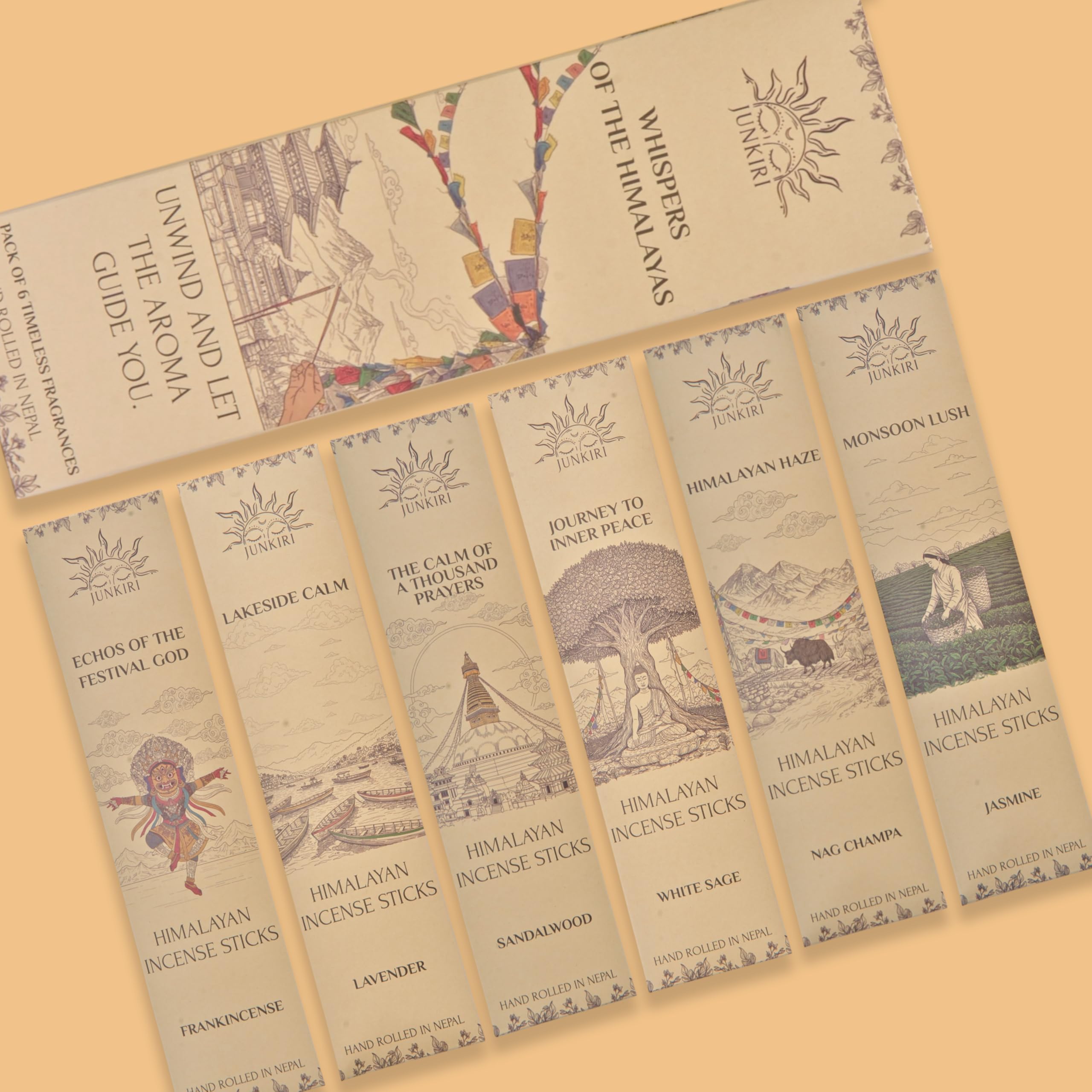 Incenso Nepalese Fatto a Mano, Set di 6 fragranze, 90 bastoncini, Nag Champa, Lavanda, Sandalo, Gelsomino per meditazione, guarigione, aromaterapia, relxazione, vibrazioni positive, incenso Himalayano