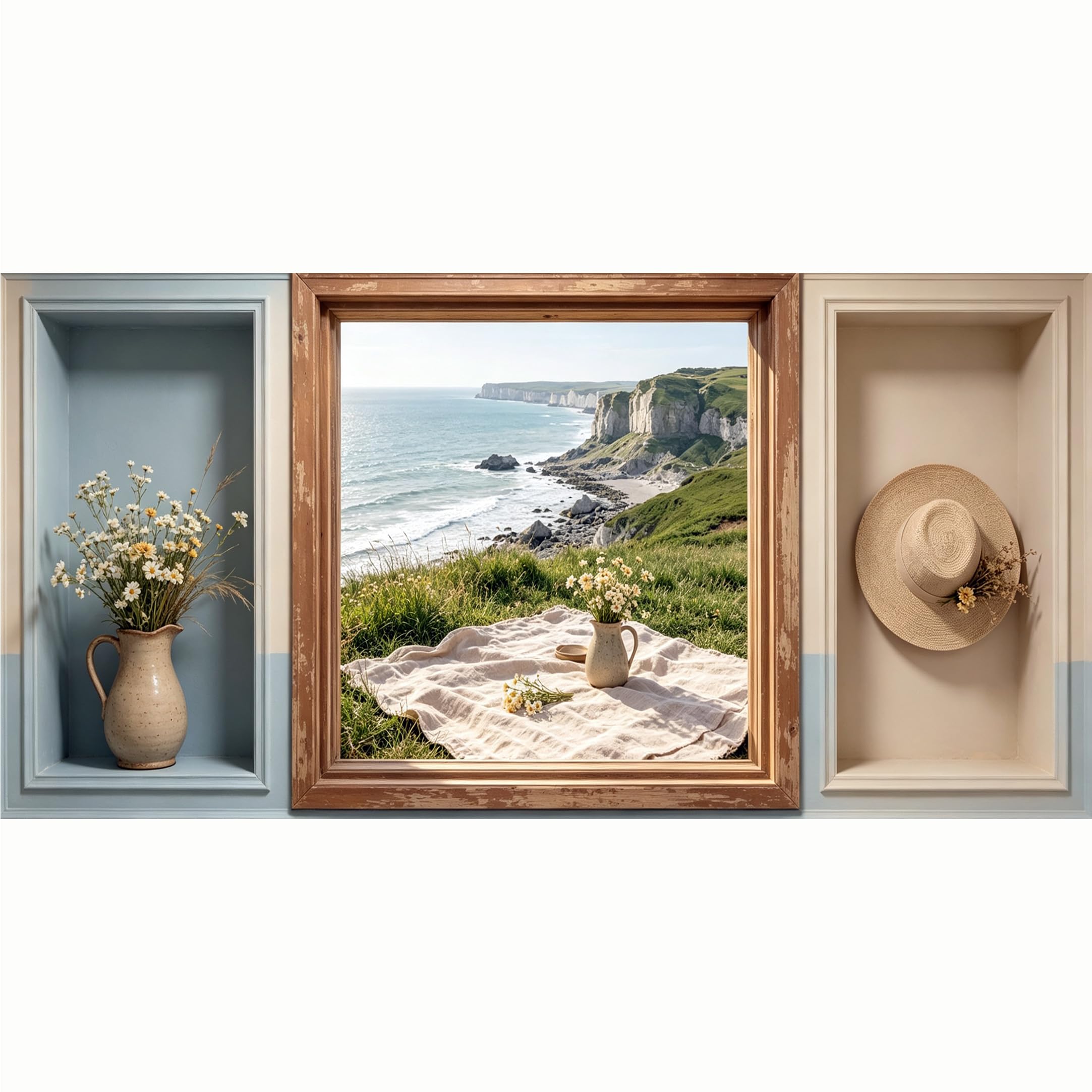 QZLITHOTIC 50x100cm 3D Framed Wall Art， Coastal Cliff Landscape Picnic Scene Self‑Adhesive Mural， Water‑Activated Peel & Stick Fabric Decor Wall Decal for Bedroom Living Room