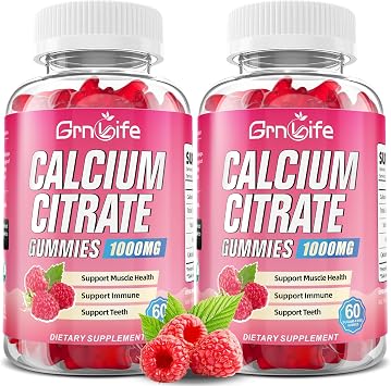 2 Pack Calcium Citrate Gummies, Sugar Free Calcium Citrate 1000mg for Muscle Healthy, Absorption Calcium Supplements for Adults & Kids, Raspberry, 120 Count