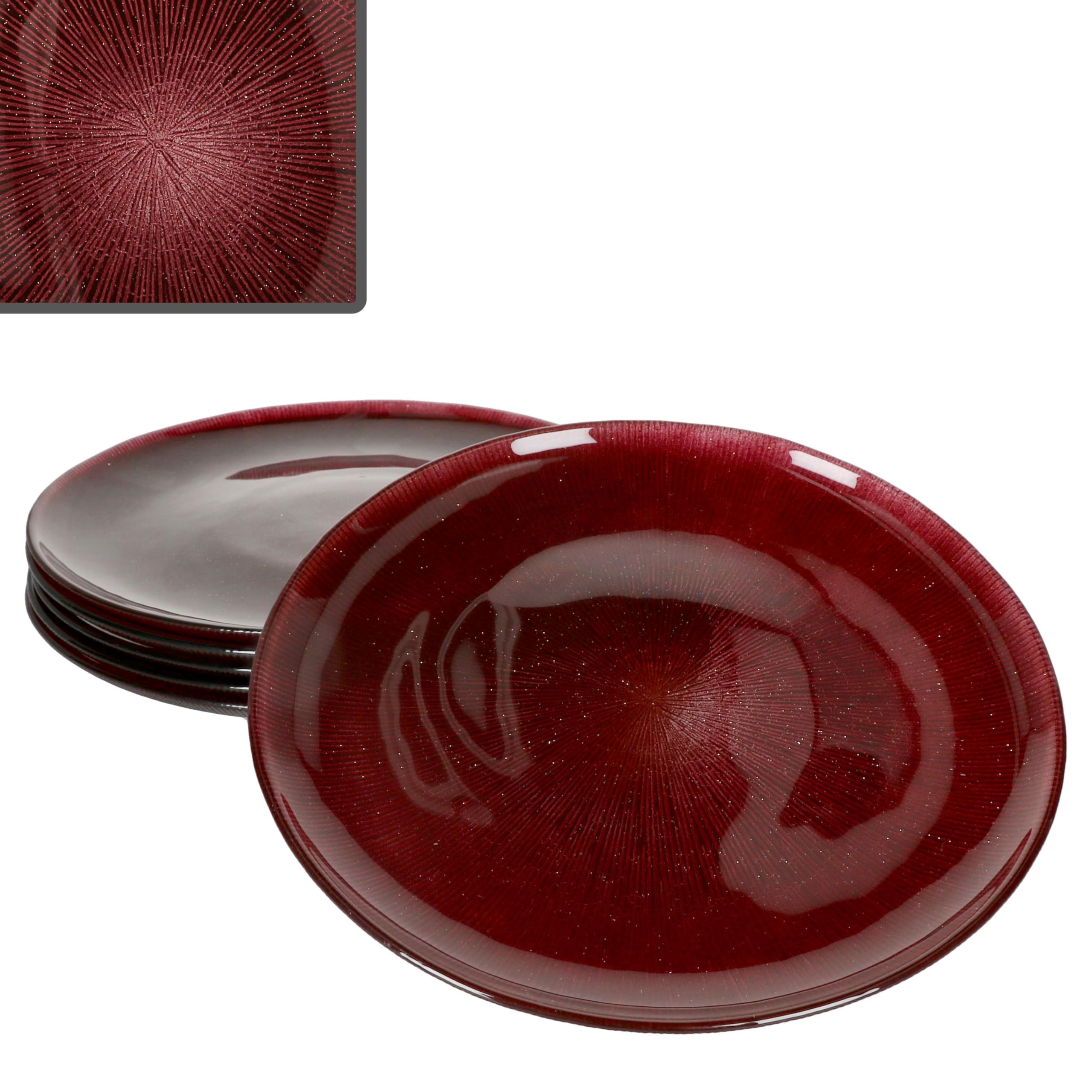 MamboCat Suez - Lot de 6 assiettes plates - Diamètre : 27 cm - Rouge foncé - En verre avec relief et effet scintillant - Pour 6 personnes - Pour repas principal, apéritif - Vaisselle de Noël