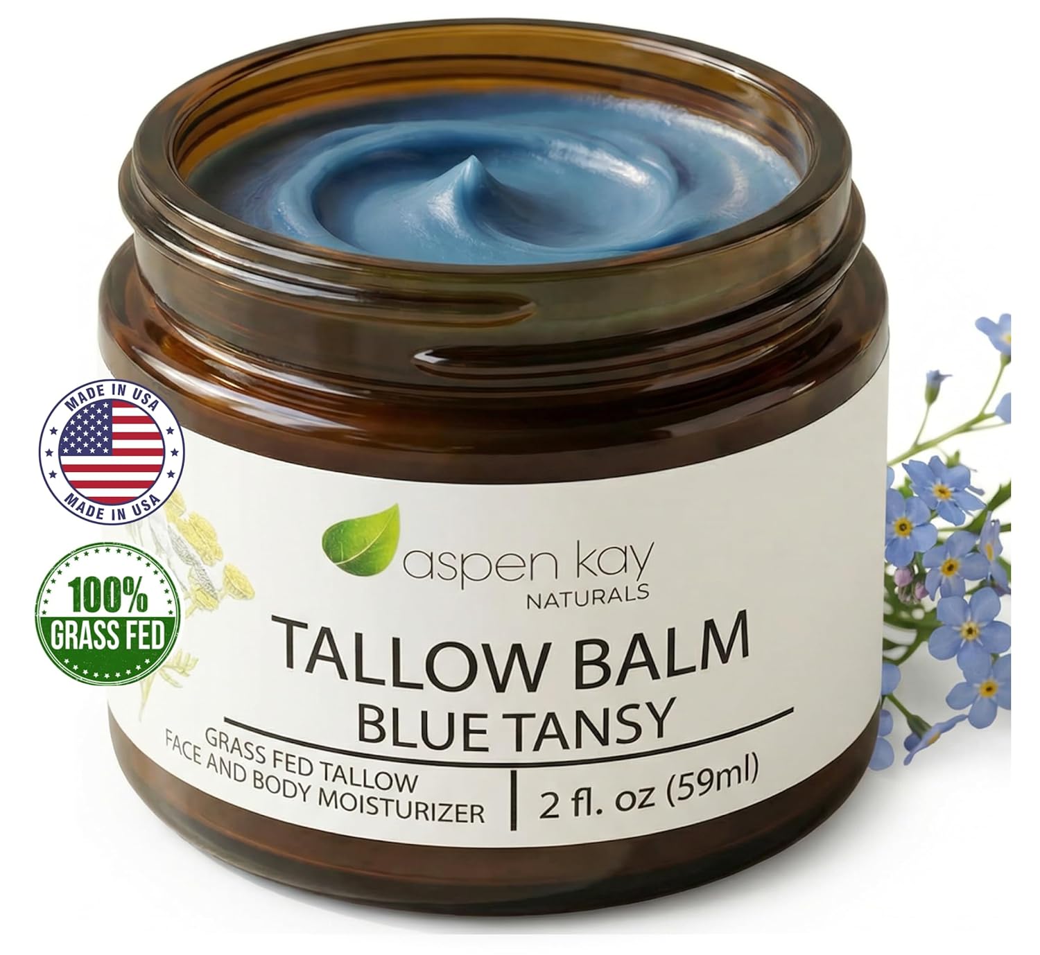 Aspen Kay Naturals Handmade 100% Grass Fed Beef Tallow Balm for Skin Care, With Organic Jojoba Oil + Chamomile (Blue Tansy) Organic Body Butter - 2 fl. oz. Made in USA