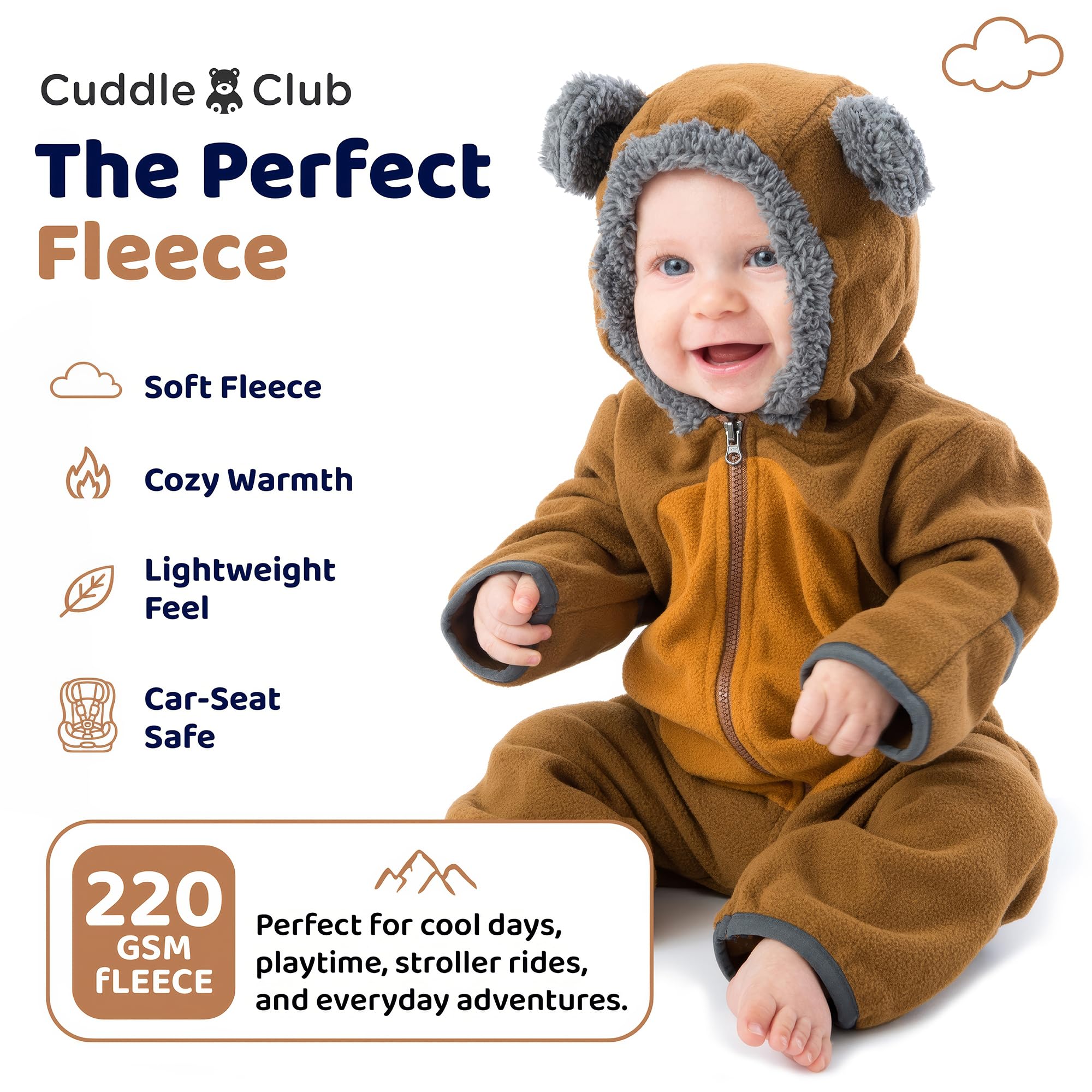 Cuddle Club Fleece Baby Bunting Bodysuit Hoodie, Newborn - 5T, Bear - Brown/Tan, 6-12 Months 2
