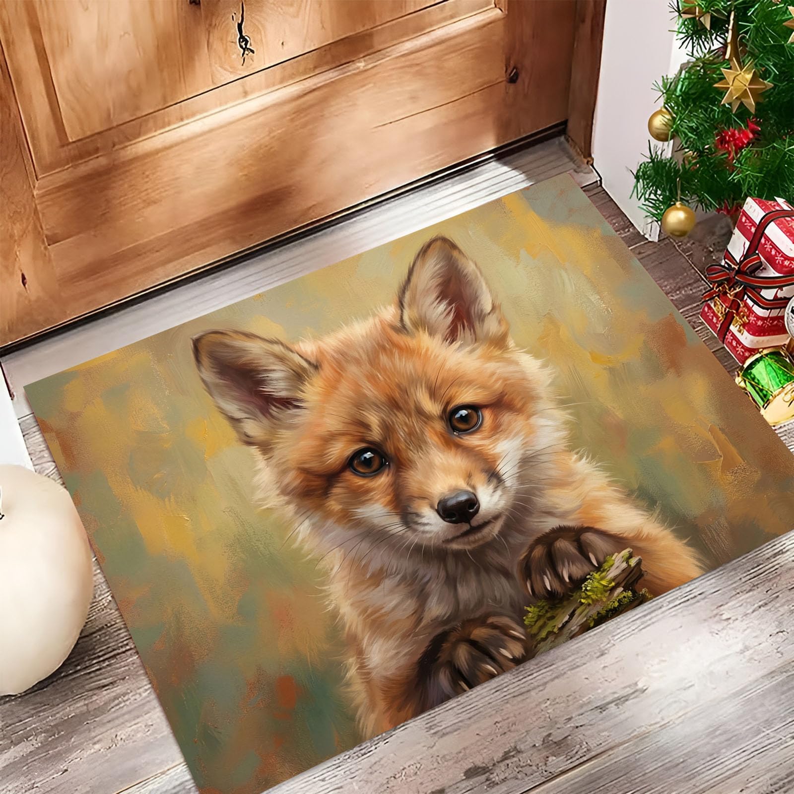 60X90Cm Zerbino Ingresso Interno Antiscivolo Assorbente, Tappeto Microfibra Sottile Lavabile Con Dipinti Ad Olio Realistici Animali Cuccioli Volpe Adorabili Per Cucina Bagno Porta Animali, Marrone
