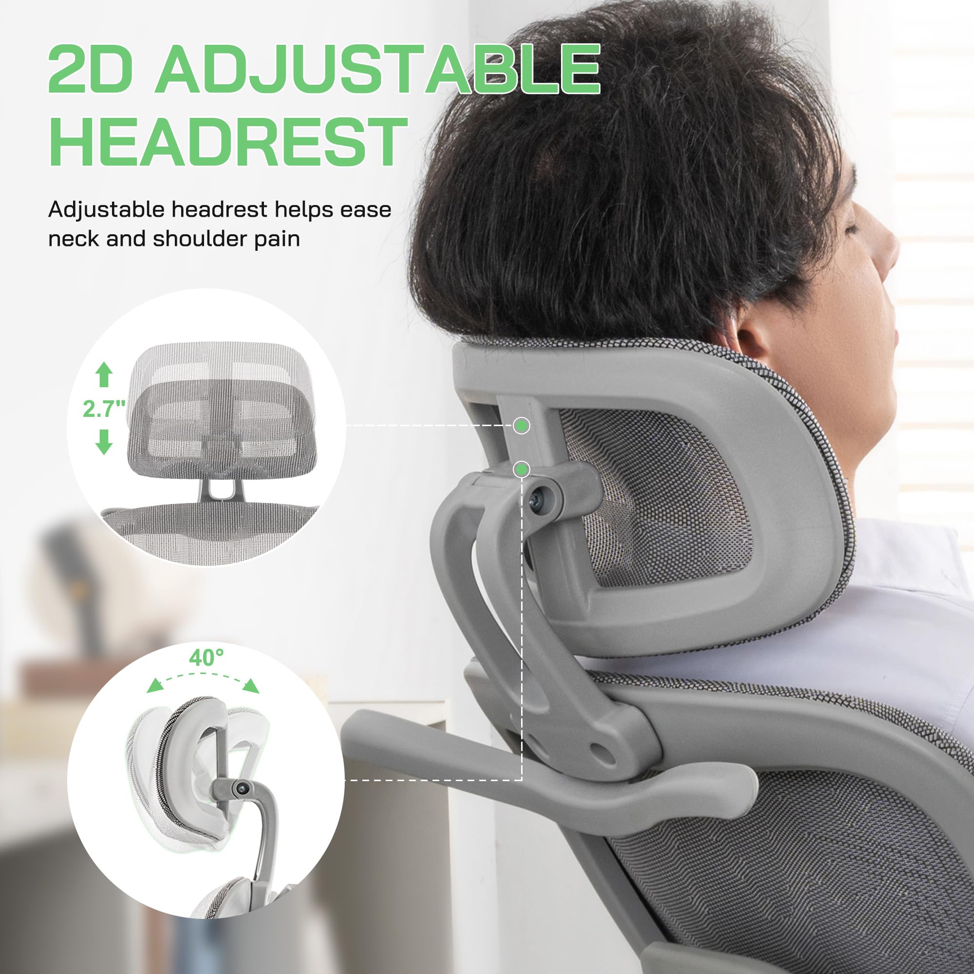 Silla de oficina ergonómica de malla con reposapiés, silla de juegos de malla de respaldo alto con soporte lumbar, soporte de espalda, reposacabezas y reposabrazos ajustables para oficina en casa 4