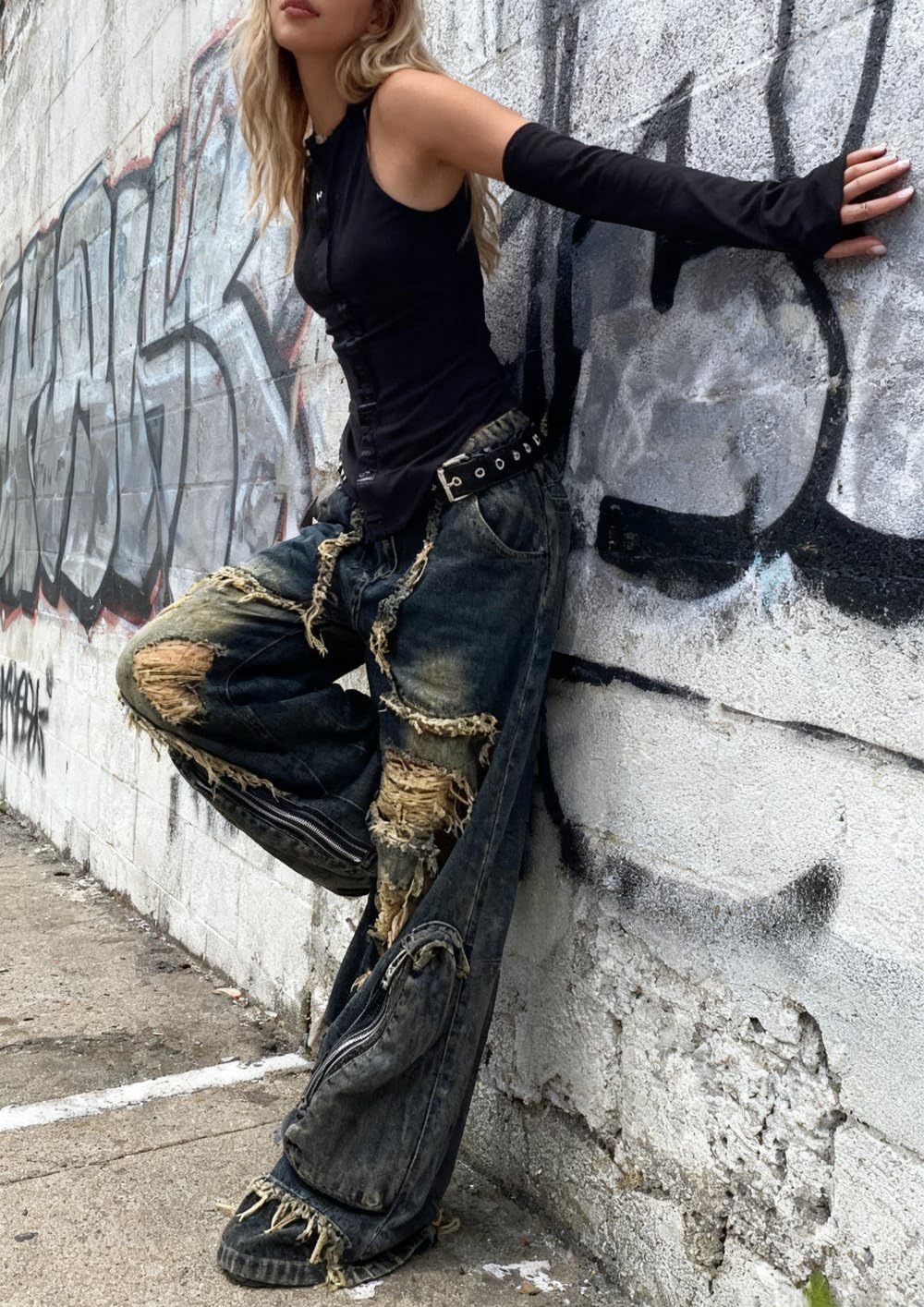 Y2k Retro Niche Baggy deconstruction Tassel Ripped Jeans Men's and Women's Large Pocket Design Sense Work Pants - Image 3