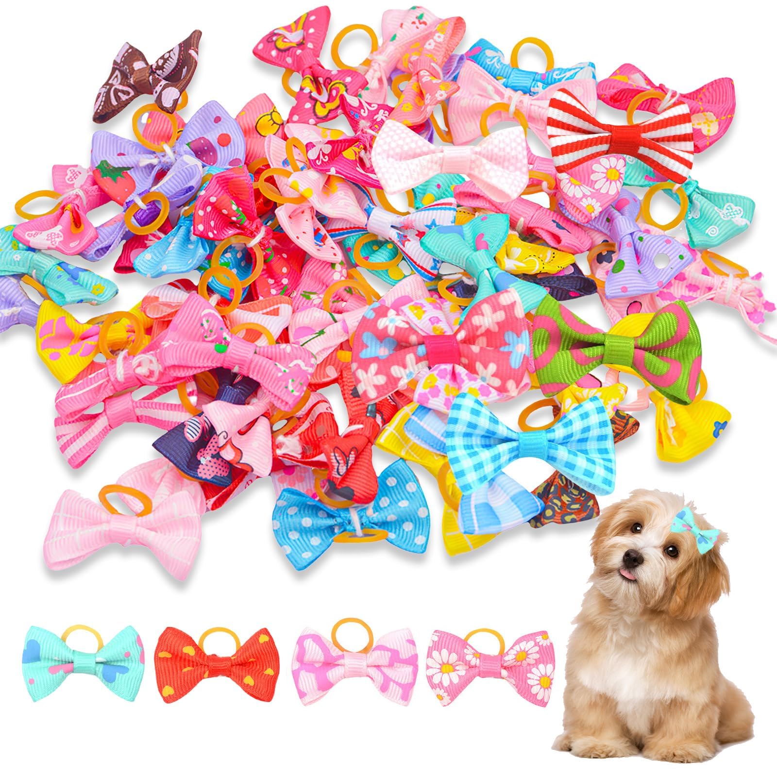 Dog Hair Bows,50PCS Puppy Dog Hair Bows with bulk with Elastic Rubber Bands