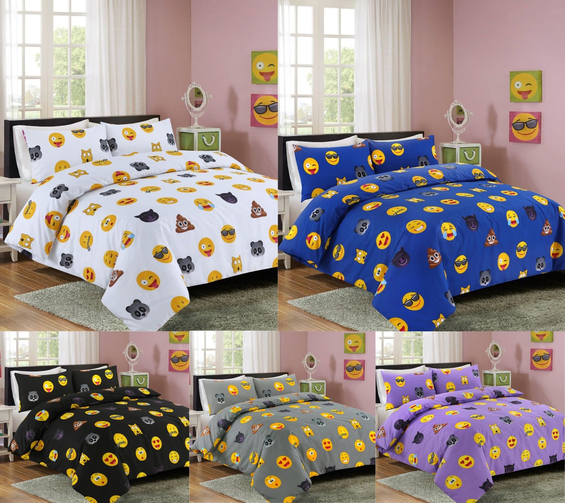 London Dream Grey Emoji Double Duvet Cover Set With 2 Pillowcases, Icon Quilt Bedding Sets With Smiley Face Expressions [Double 200 X 200 Cm - ]