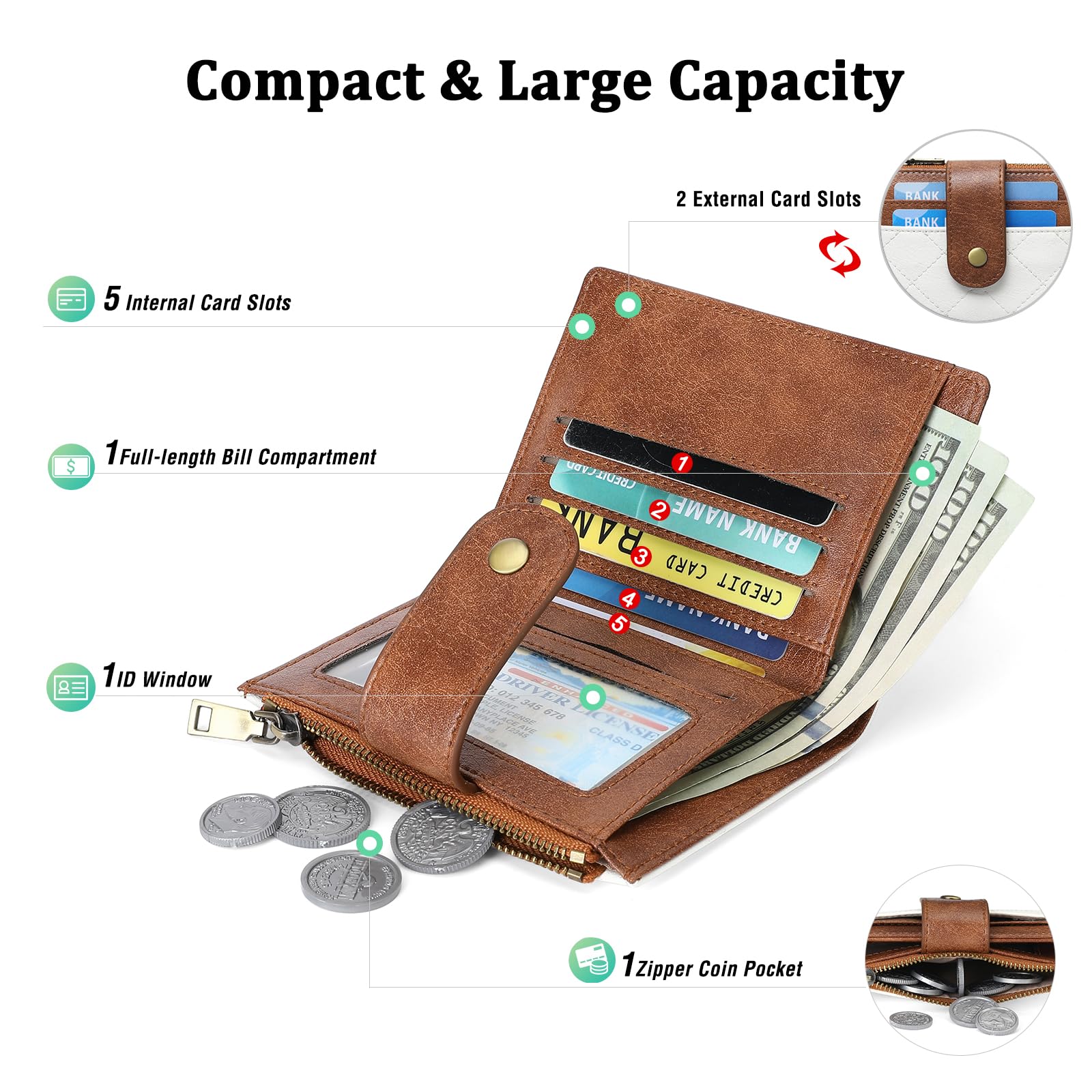 GAEKEAO Small Wallet for Women Leather RFID Blocking Card Holder Bifold Zipper Pocket Wallet with ID Window